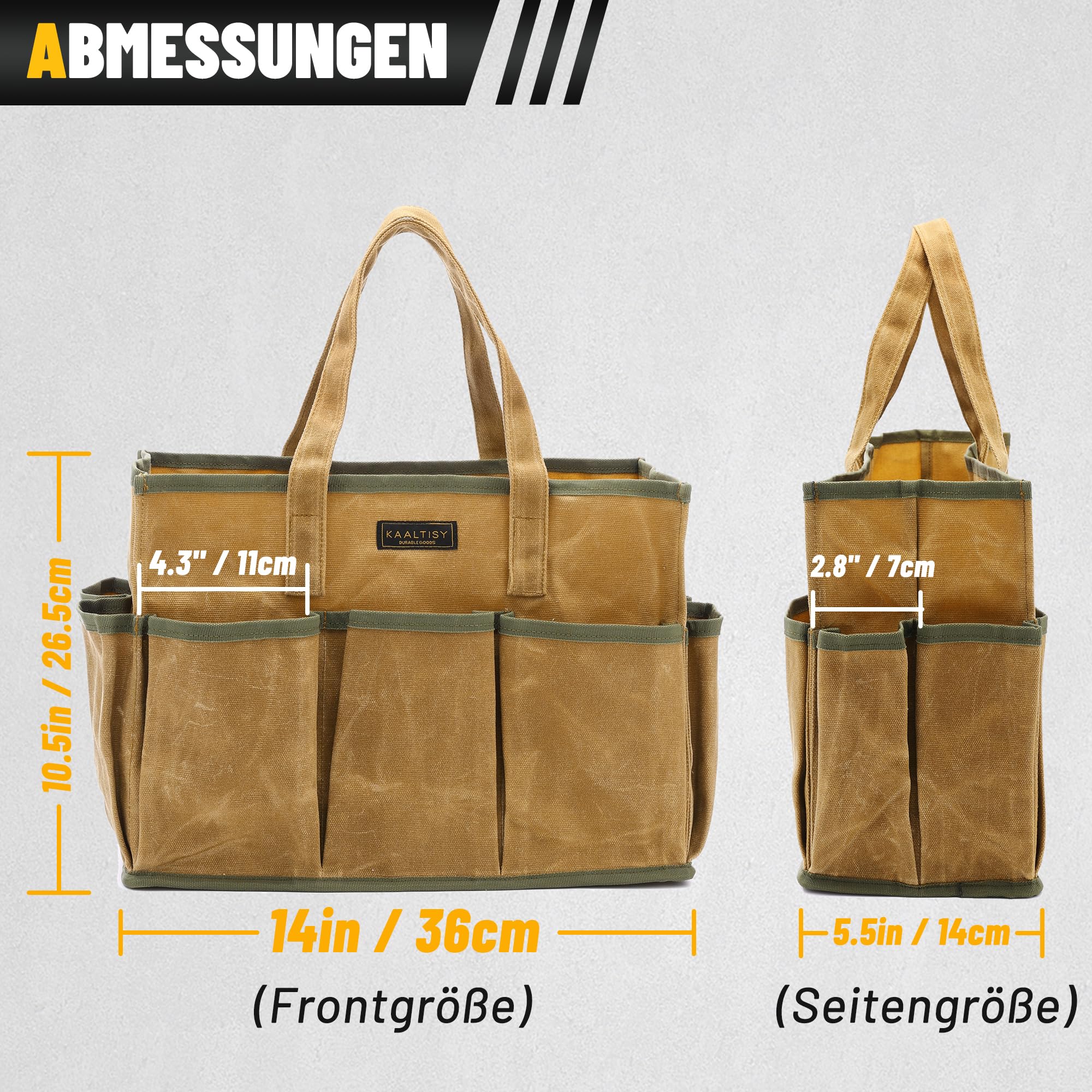 Bolsa de herramientas de lona encerada de 16 onzas, 1 bolsa de almacenamiento de herramientas de gran capacidad + 10 ranuras externas, multiusos, reutilizable, para jardinería, juego de carpintería,