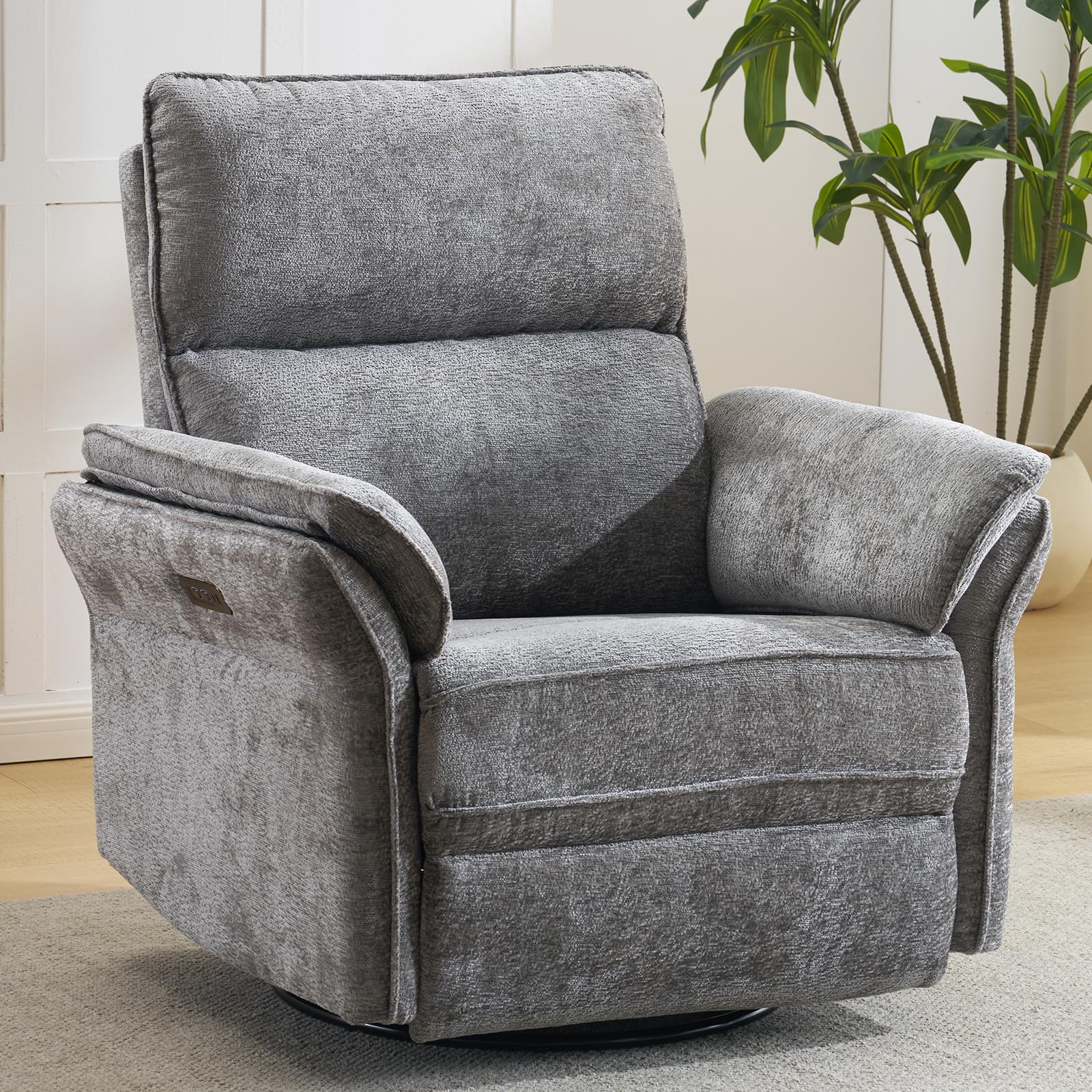 Oversized Power Recliner Chair Swivel Glider with Massage and Heat, Rocker Nursery Recliner for Adults with Adjustable Headrest, 26" Extra Wide Nursery Chair with Overstuffed Armrest, Dark Grey