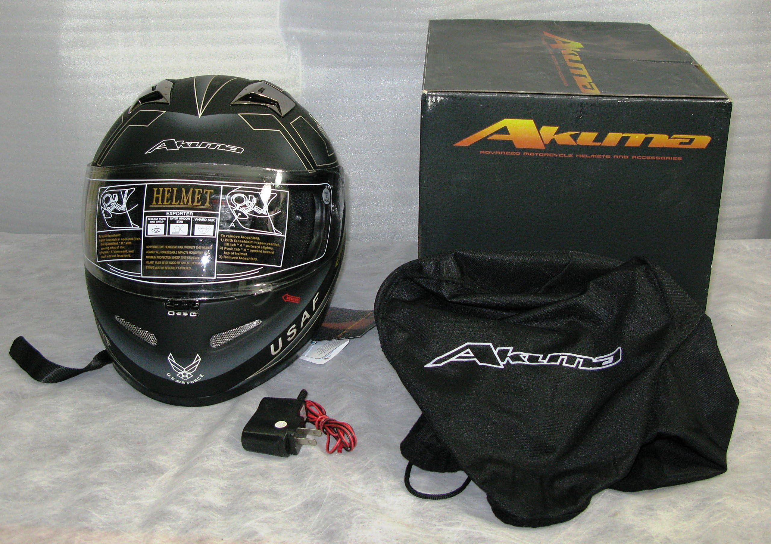 XL AKUMA STEALTH Motorcycle Helmet GLOSSY BLACK with Built In LED Lights! USAF logo