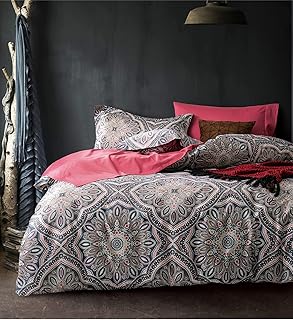 Venezianisches Damast-Bettbezug-Set, Boho-Chic, Aquarell-Medaillon, Fadenzahl 400, ägyptische Baumwolle, Satin, Luxus-Stil, Bettwäsche (Pink Clay Naval, Queen)