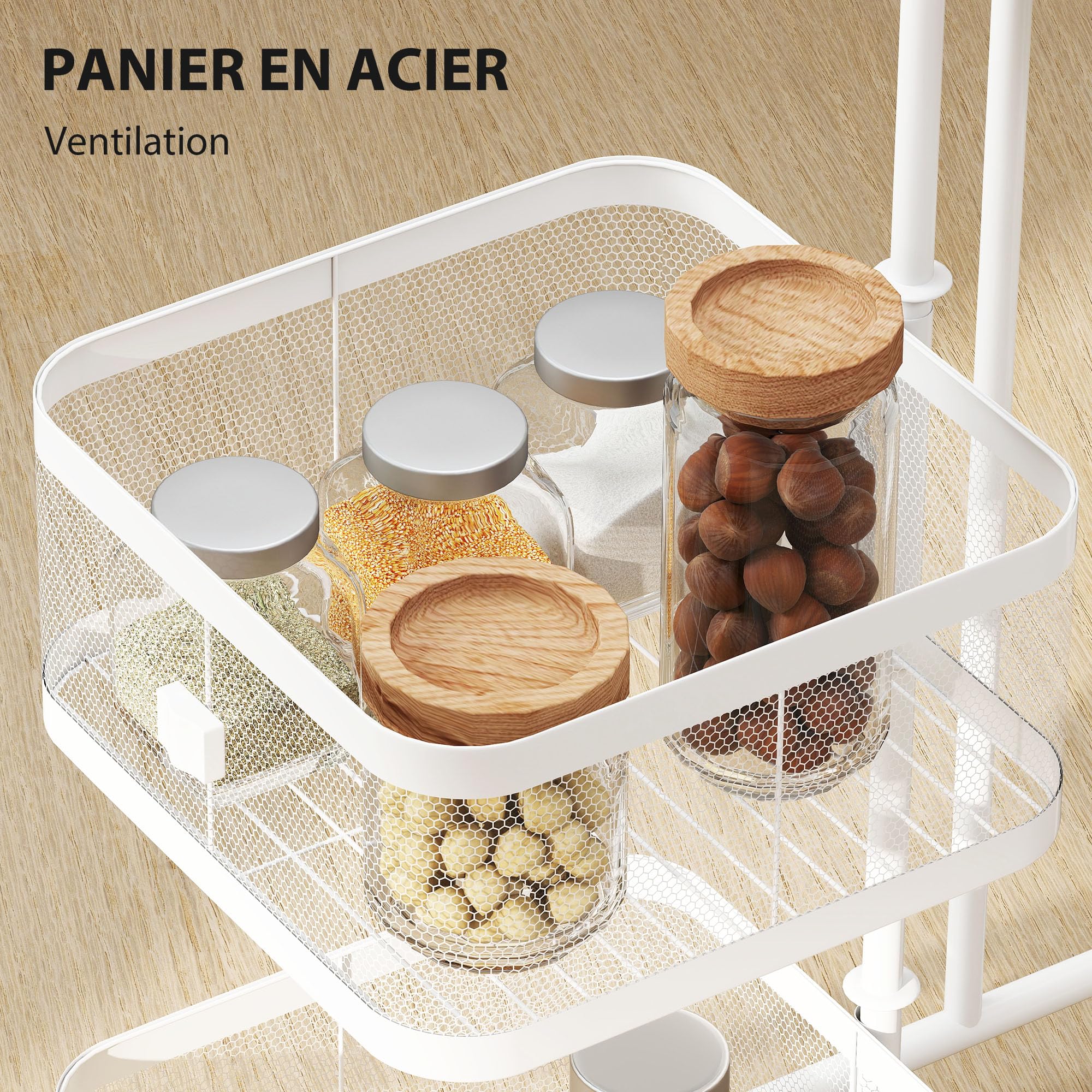 HOMCOM Resserre 4 paniers rotatifs sur Roues, Chariot de Rangement de Cuisine, Panier à légumes et Fruits avec Plateau supérieur, étagère en Fil d'acier, pour Cuisine, Salon et Chambre, Blanc