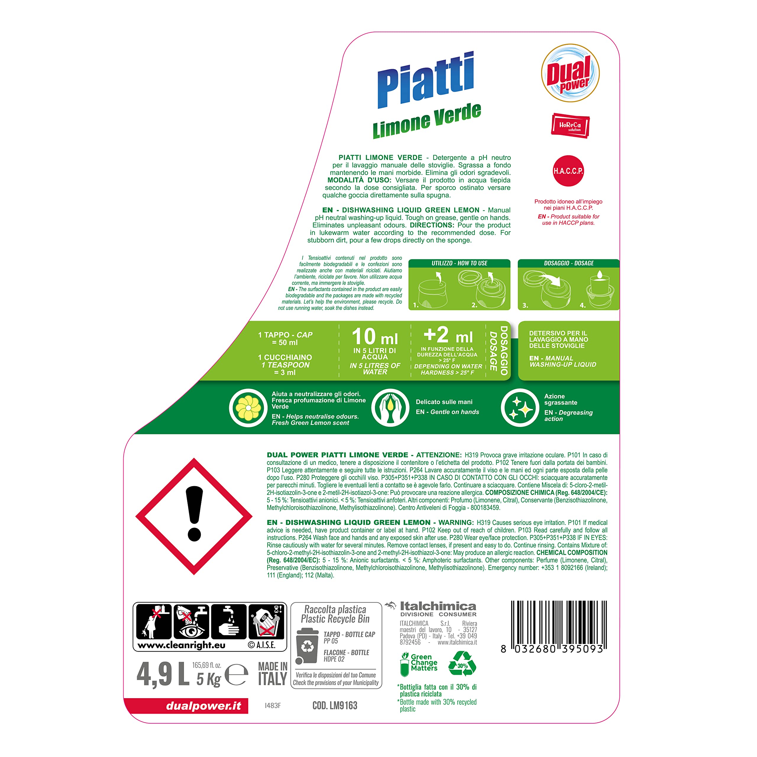 Dual Power Detergente HACCP per Lavaggio Manuale dei Piatti - Sgrassa a fondo, Fomato Professionale da 4,9 Litri - Limone Verde