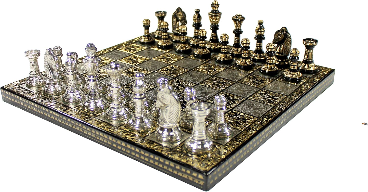 StonKraft Brass Chess Board Game Set with 100% Brass Chess Pieces Chessmen Coins (12" x 12" Inches)