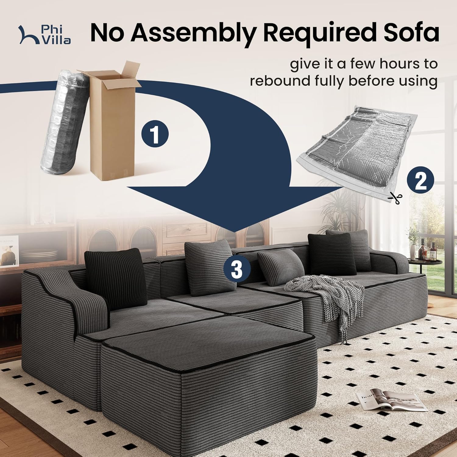 PHI VILLA 104" Cloud Sectional Sofa, Modern L-Shaped Couch with Deep Seat, Compressed Couches for Apartment Living Room, No Assembly Required, Corduroy, Grey