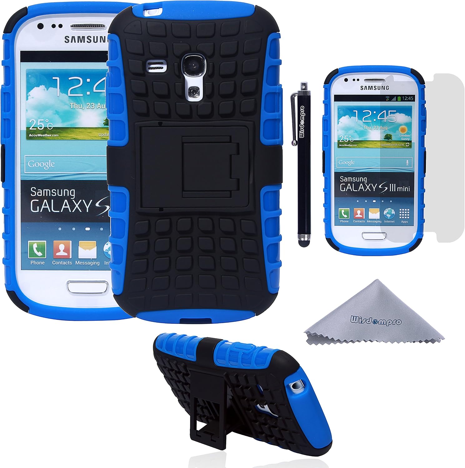 Wisdompro S3 Mini Case, 2 Piece in 1 Dual Layers Heavy Duty Hard Soft Hybrid Rugged Protective Case with Foldable Kickstand for Samsung Galaxy S3 Mini (NOT S3 Fit) - Blue/Black
