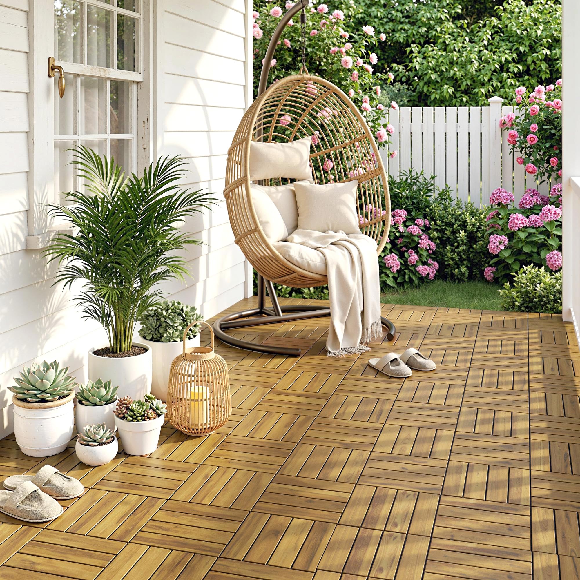Outsunny Set de 10 Piezas Baldosas de Exterior de Madera de Acacia, 31x31 cm, 0,91 m², Suelo de Terraza Exterior, Antideslizantes y Resistentes al Clima, Fácil Instalación, para Terraza, Natural — view 8