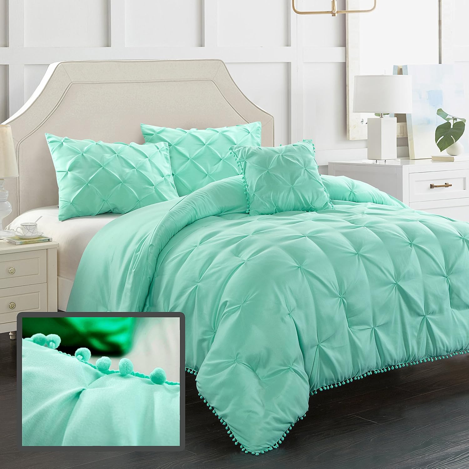EVOLIVE 3pc Set Pinch Pleat/Kiss Pleat, Pintuck Down Alternative Comforter Set with Pompom (Twin, Mint)