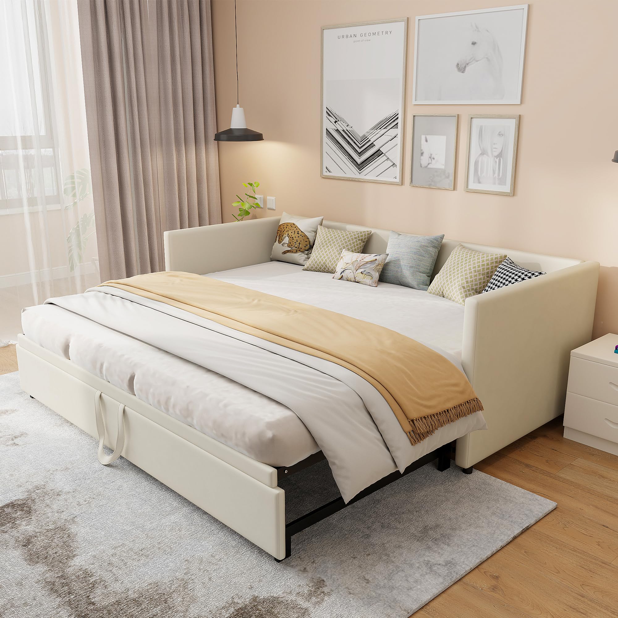 Sofá cama 90/180 x 200 cm, cama nido a la misma altura, cama con cama nido, sofá cama doble con somier, terciopelo (Beige, 90/180 x 200 cm)