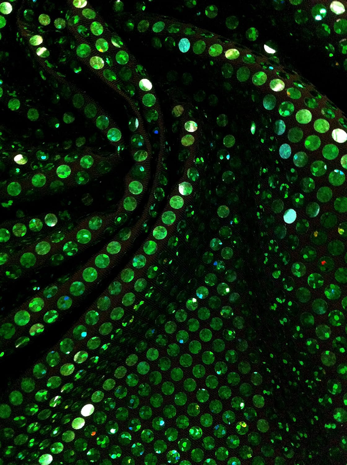 Shiny All-over Holographic Circle Trans on Black Polyester Spandex Fabric By the Yard (Emerald Green)