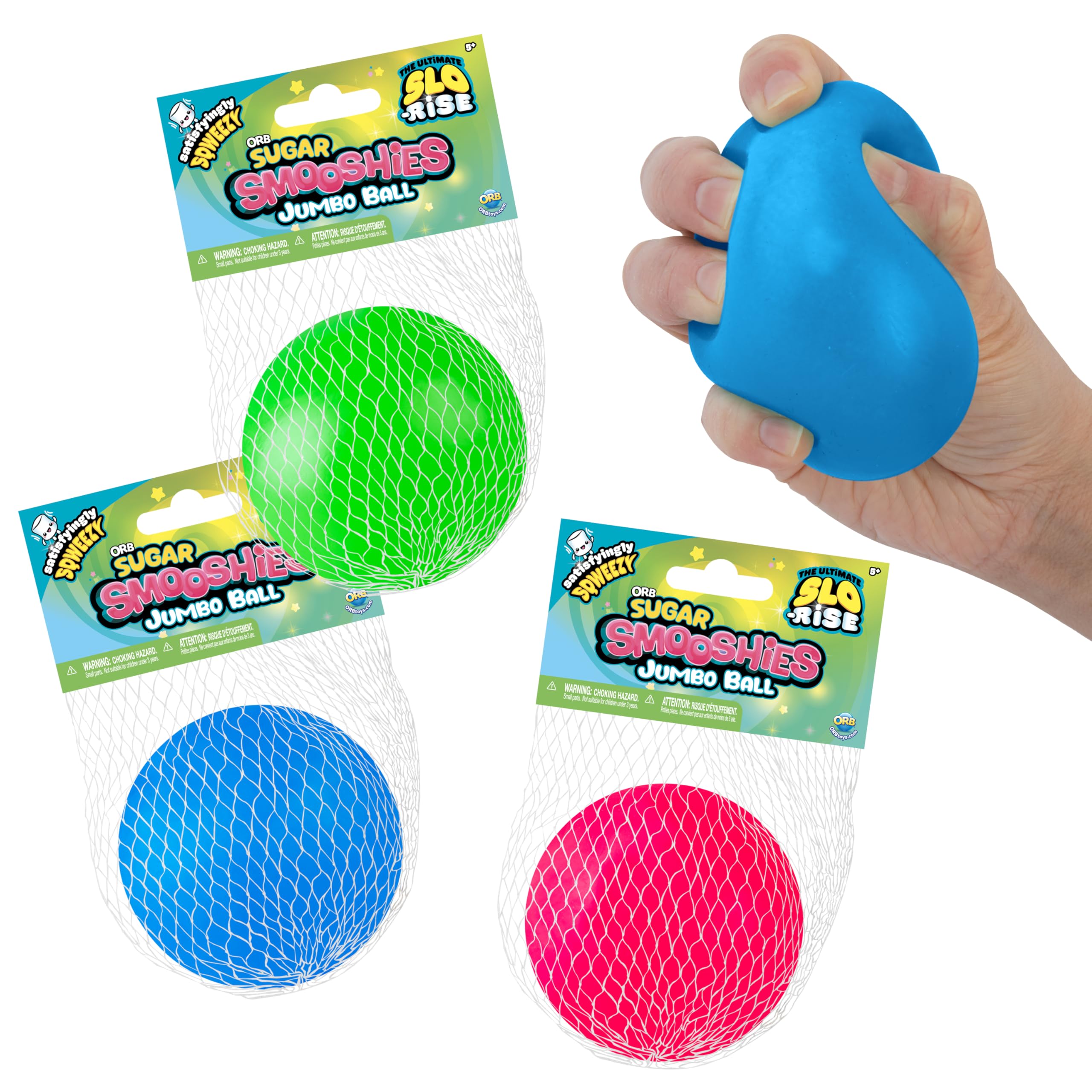 ORB Curiosities Sugar Smooshies Balls 3 Pack - Three Colorful 2.75 Inch Squishy, Stretchy, Slow Rise Balls for Play and Stress Relief - Moldable, Sugar Water Filled Sensory Toys for Kids and Adults