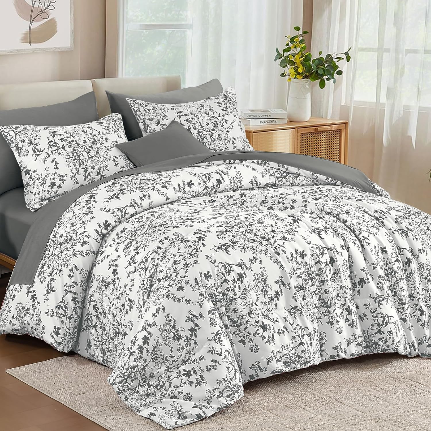 wongs bedding king size comforter set, 8 pieces grey floral bed in a bag comforter sets, botanical print soft fluffy microfiber complete bedding sets for all season (90"x104") light grey king
