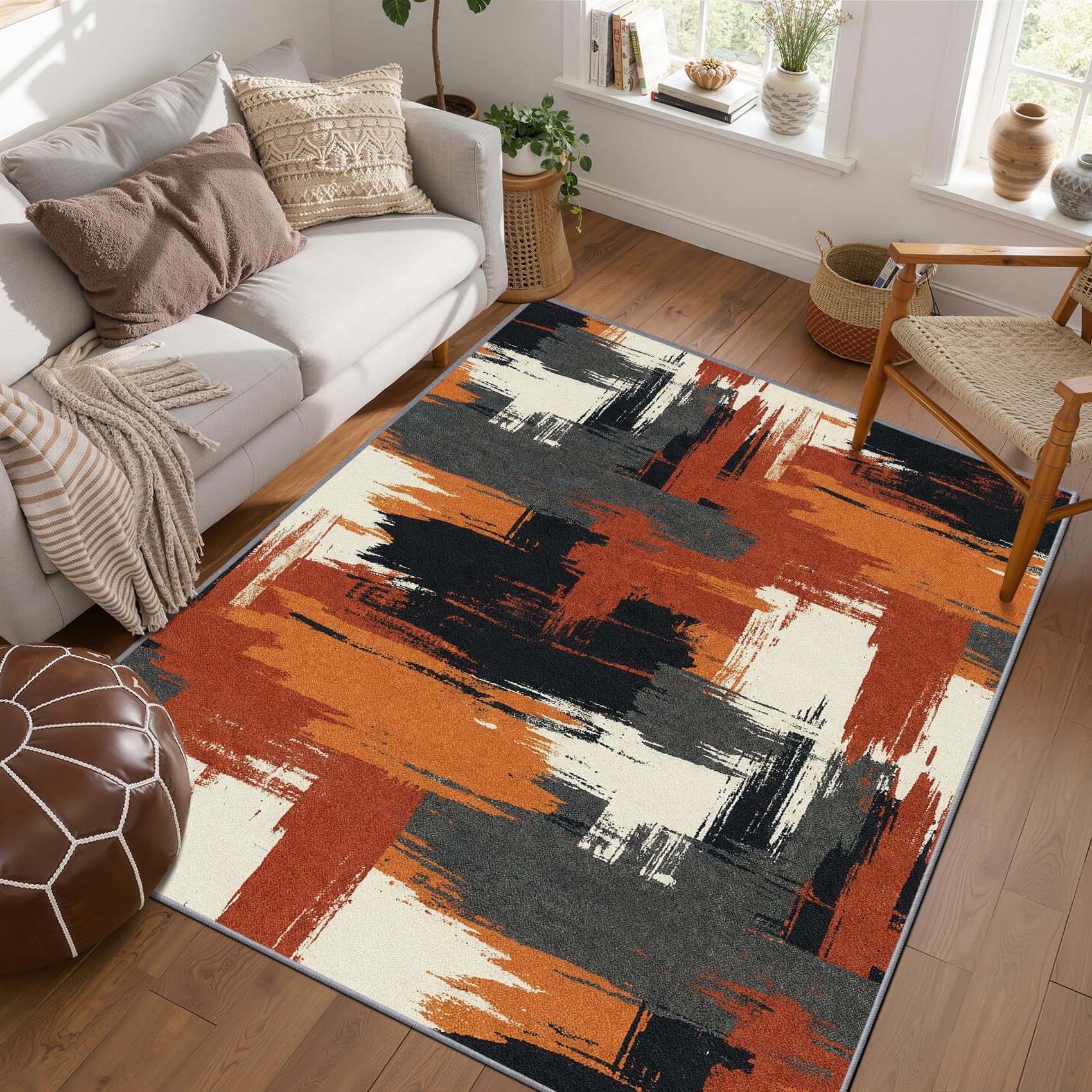 Teppich Terrakotta Abstrakt - Teppiche Wohnzimmer Schlafzimmer Beige Orange, Großer Teppich Vintage Graffiti, Weich Kurzflor & Waschbar & rutschfest Wohnzimmerteppich 200x300 cm