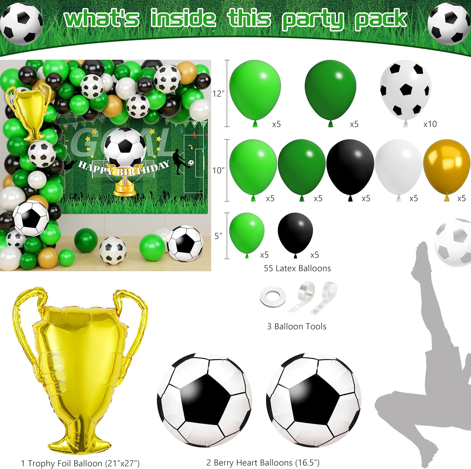 Soccer Themed Birthday Party Decorations Supplies, Sport Football Themed Party Decor with Paper Dinnerware Plate Cup Napkin Backdrop Tablecloth Banner Balloon Arch Kit - Image 3