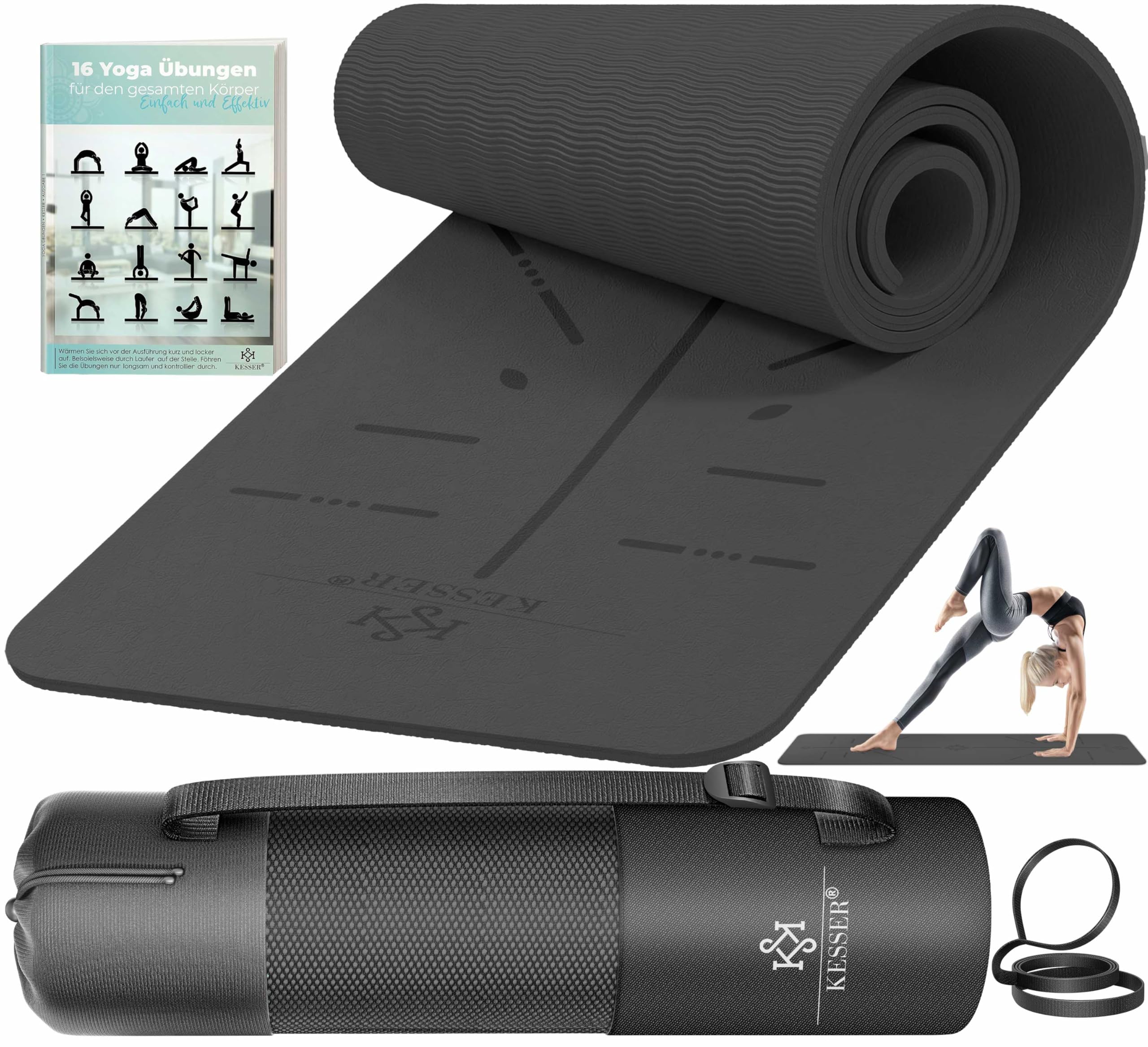 KESSER® Gymnastikmatte mit Tragegurt rutschfest TPE Yogamatte Gepolstert & rutschfest Fitnessmatte, 183 x 61 Trainingsmatte für Fitness Sportmatte, Pilates & Gymnastik Workout