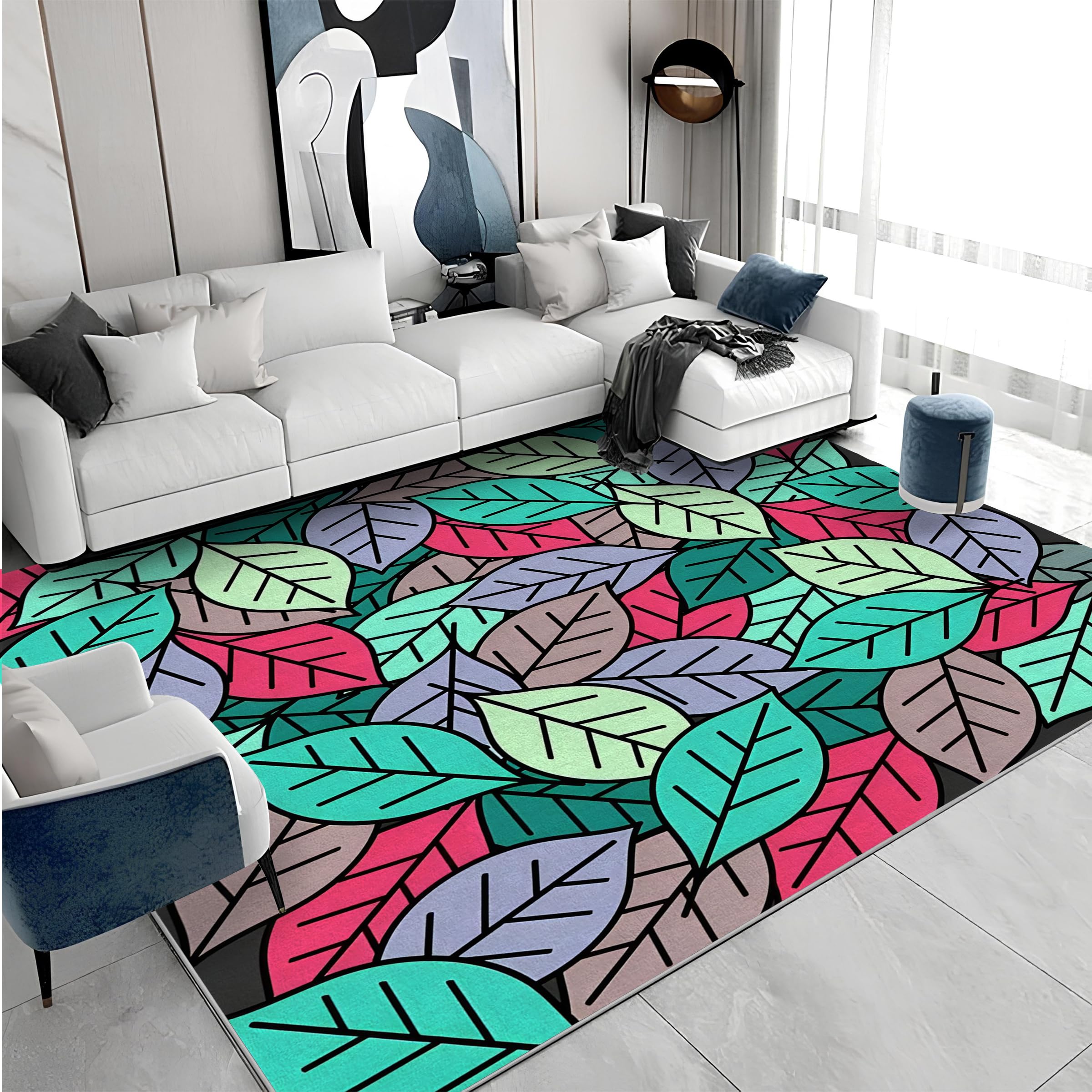 Großer waschbarer Kurzflor-Teppich 200x300 - Blätter Farbig Teppiche - Moderne Ästhetik Dünn Saugfähig Vielseitig Carpet für Wohnzimmer Schlafzimmer Oder Als Bettvorlege A&190