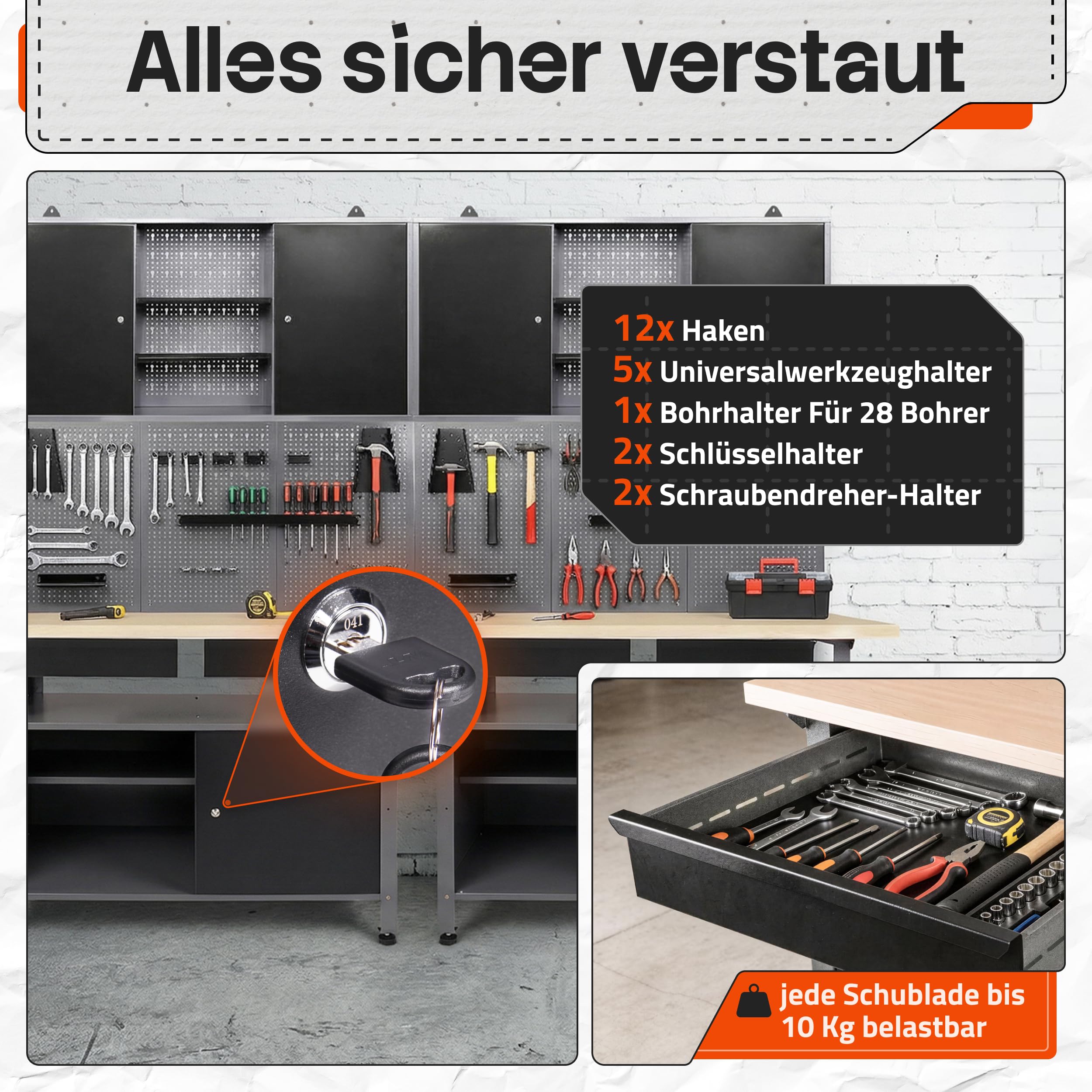 Ondis24 Werkstatteinrichtung Werkstatt Set Werkbank Fritz Hängeschrank Werkzeugwand Metall Schwarz Grau (Hängeschrank Kurt, 240 cm)