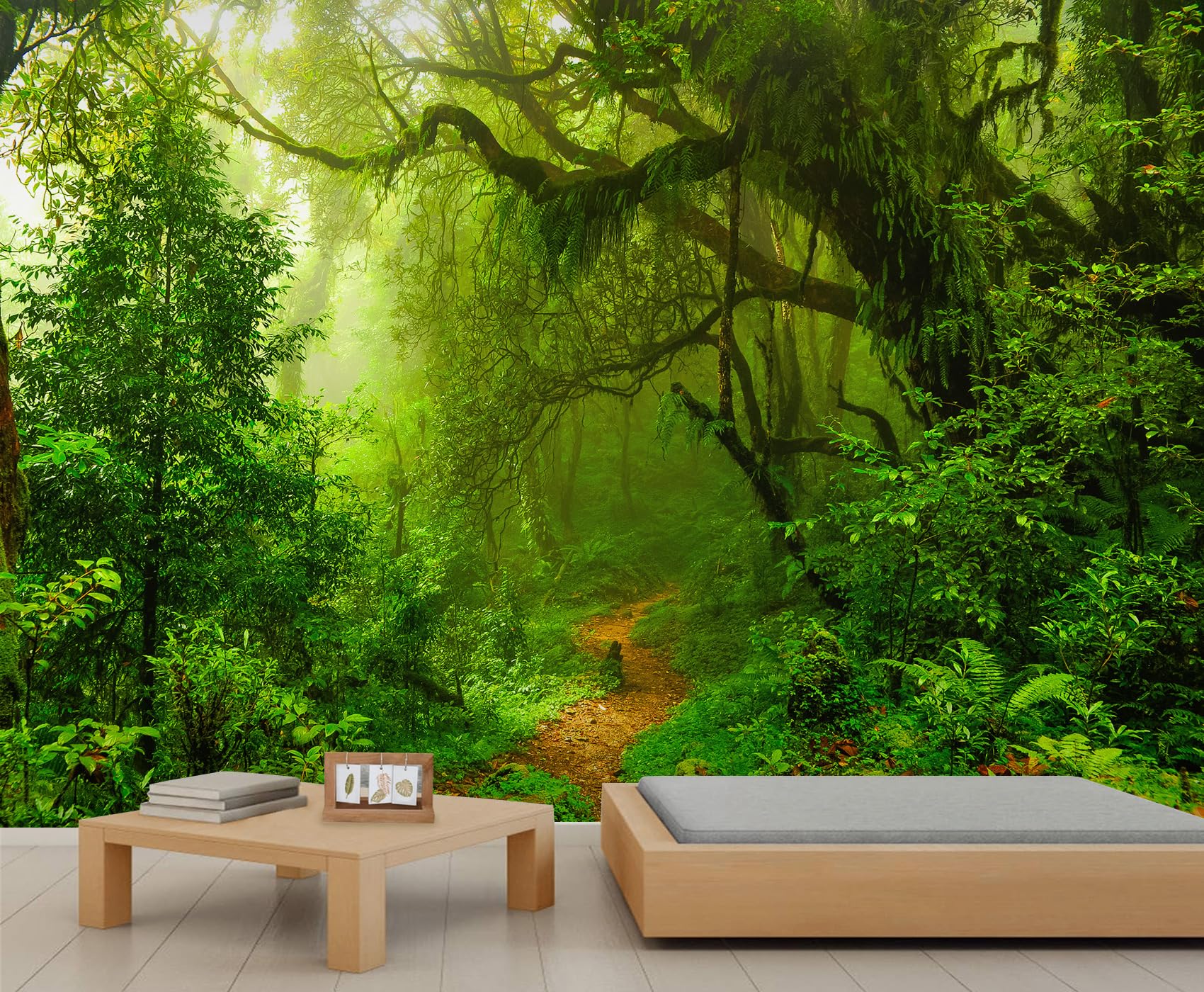 Papier Peint 3D Forêt Ensoleillée de 200 x 140 cm pour Décoration Murale de Salon