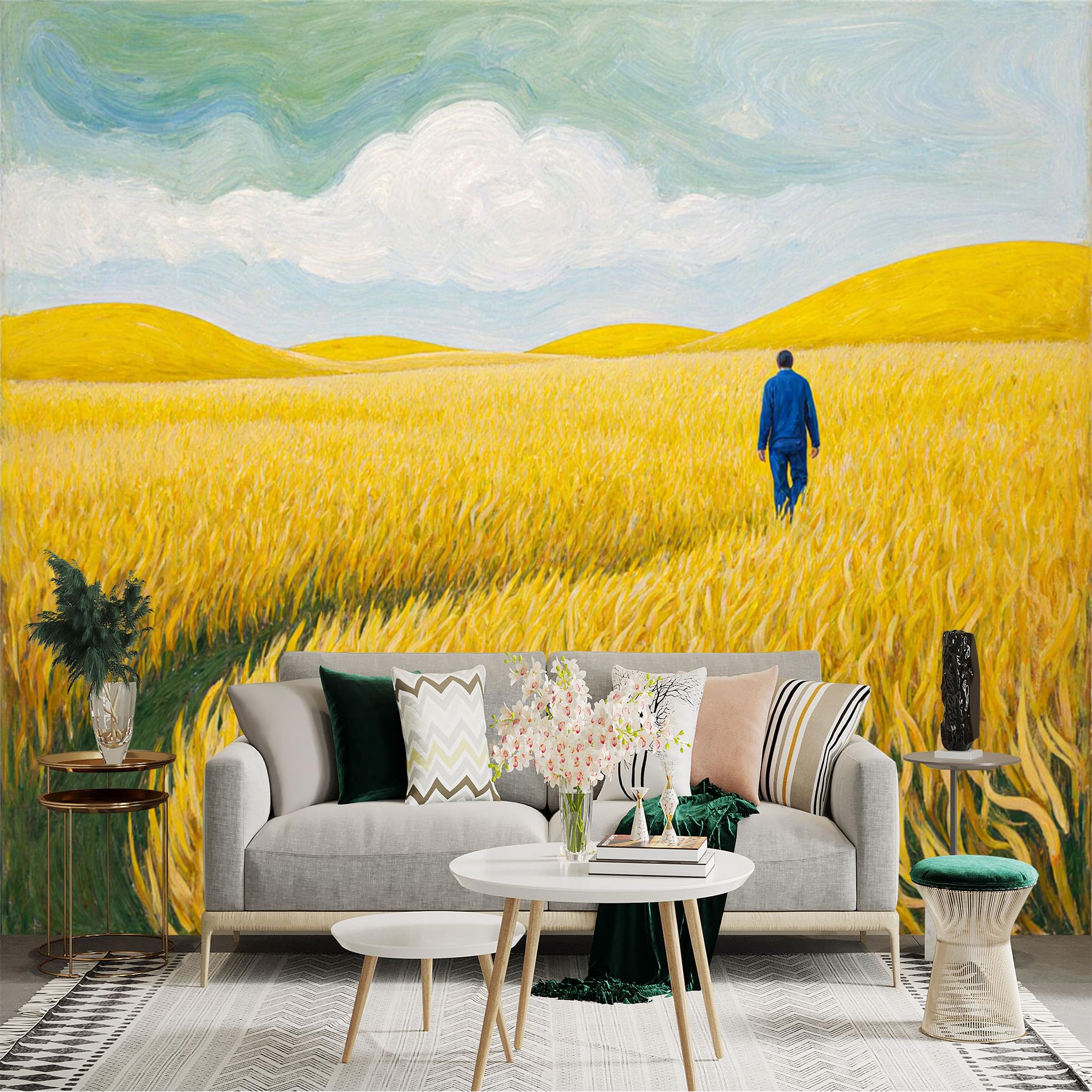 Lnzczhyre Xc260505104 Custom Size Wall Sticker Mural， Man Walking In Golden Wheat Field， Vibrant Harvest Landscape， Artistic Rural Scenery， For Wall Decoration， Peelandstick Wall Decals.