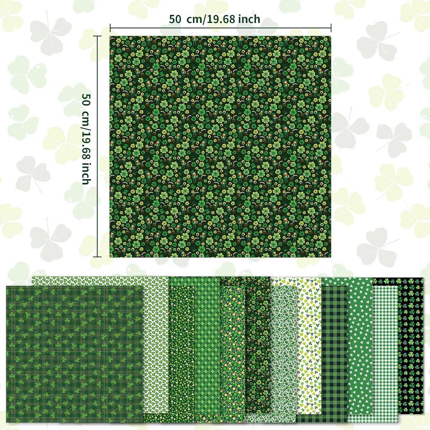 12 Pieces St. Patrick's Day Fabric Squares 20 x 20 Inch Precut Polyester Quilting Fabric Patchwork Green Irish Party Pattern Leprechaun Shamrock for Sewing Crafting DIY Supplies, 12 Designs