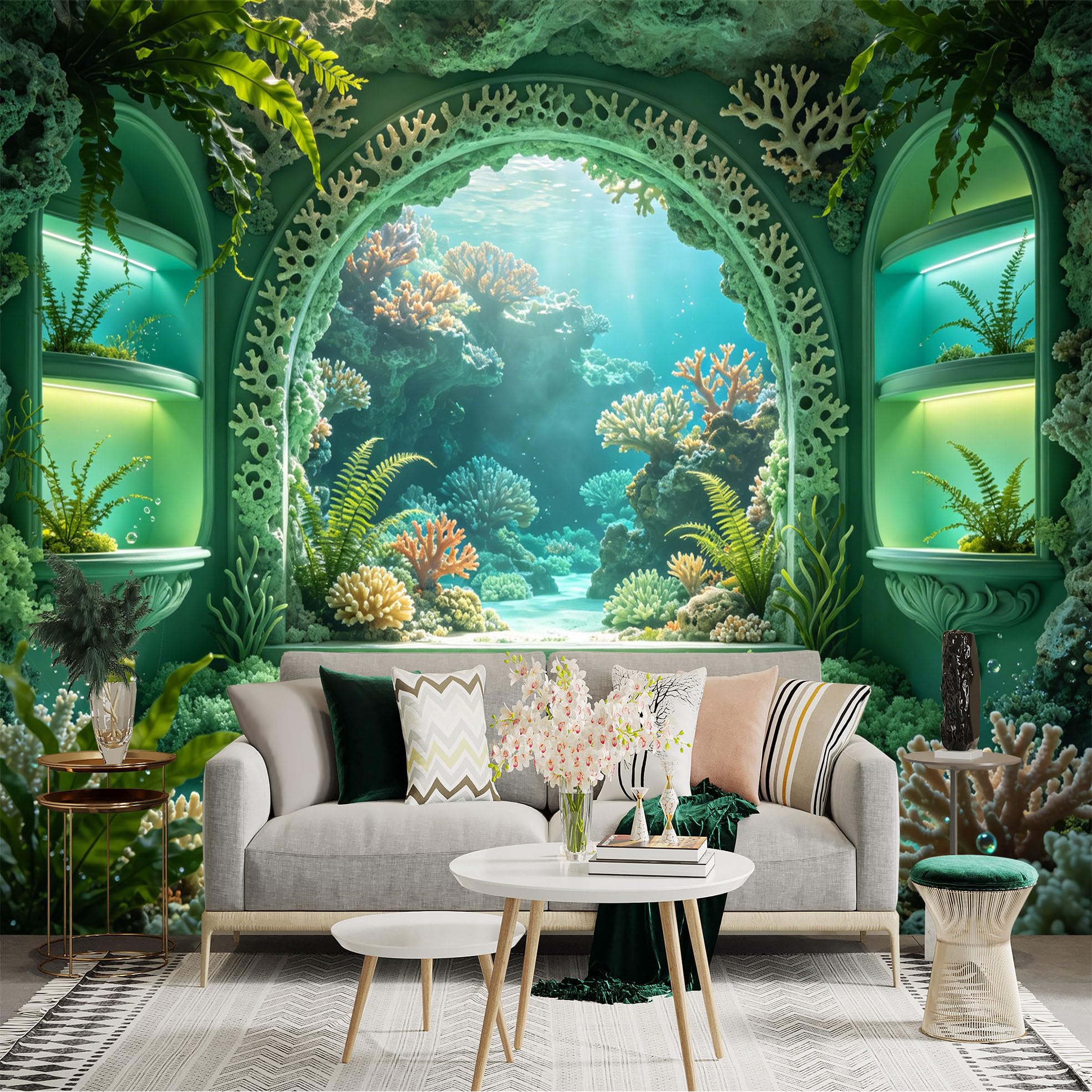 Custom Size Wall Sticker Mural， Underwater Coral Reef with Sunlight and Tropical Plants， for wall Decoration， peelandstick wall Decals.