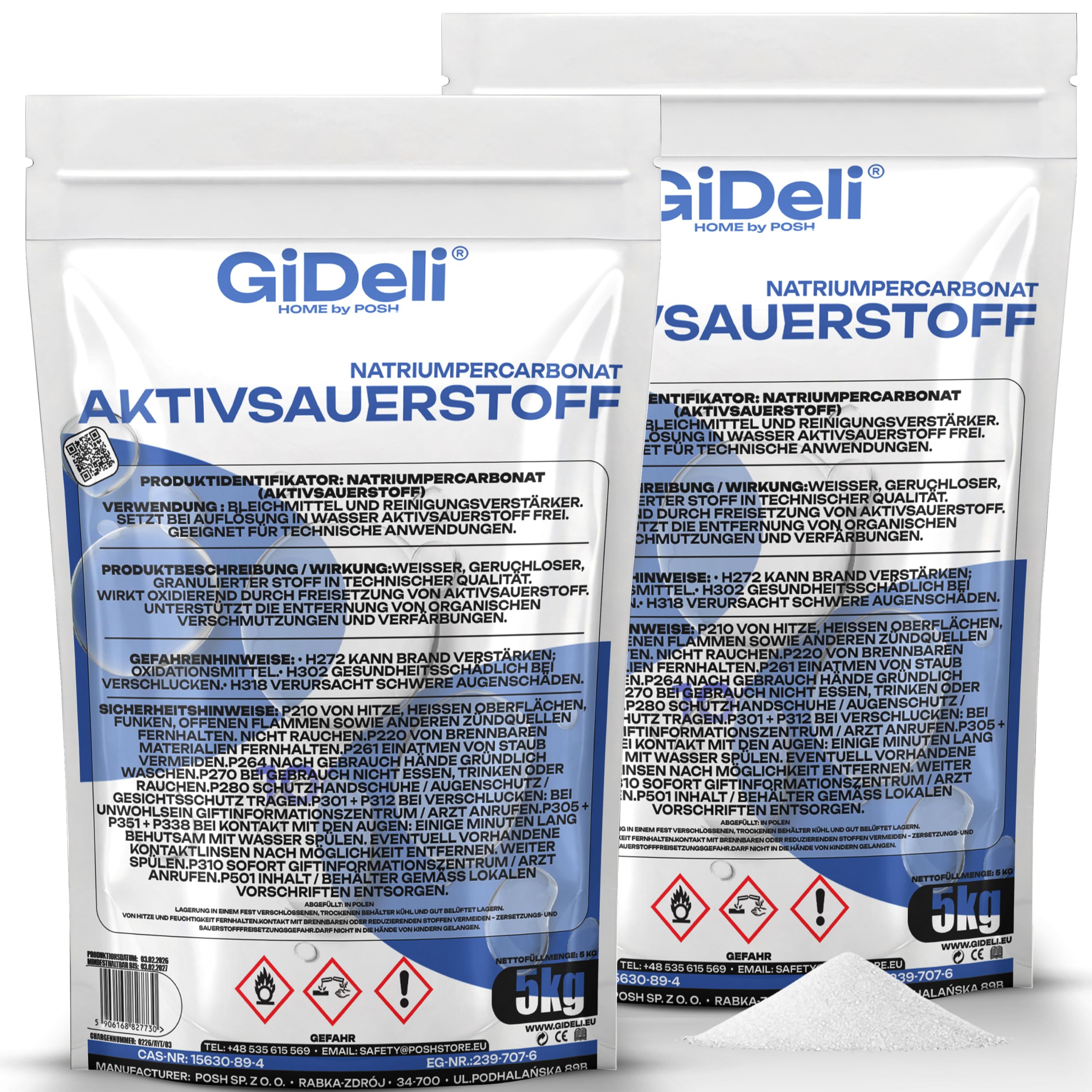 GiDeli Detergente a ossigeno attivo e smacchiatore, 2 x 5 kg, detergente ossido senza cloro, contro macchie ostinate e scolorimenti, intensificatore di lavaggio inodore per capi bianchi e colorati