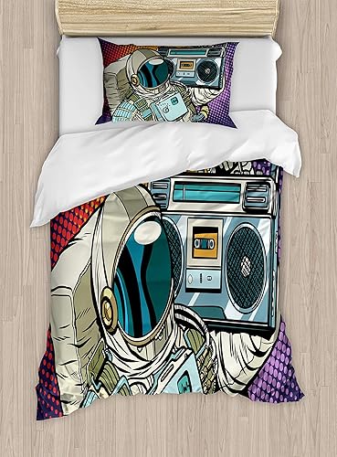 Lunarable Juego de funda de edredón de rapero, astronauta con un boombox retro que escucha música en el espacio, impresión de audio de tira cómica,