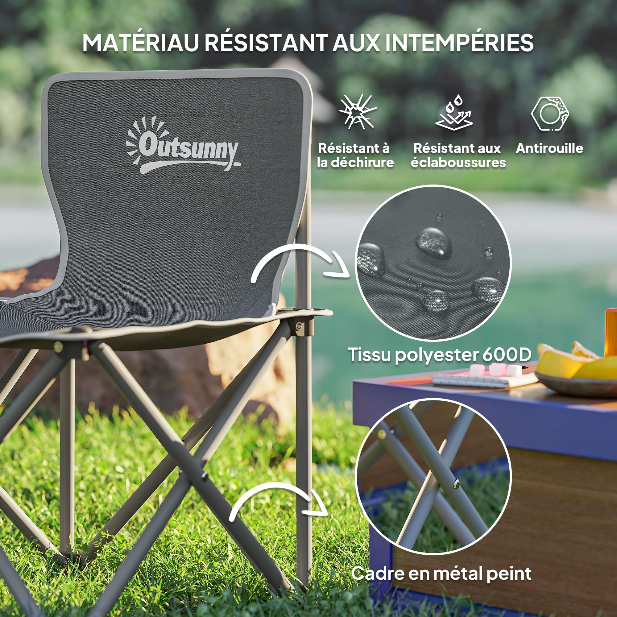 Outsunny Table de Camping avec 4 chaises Pliantes, Ensemble Table et Chaise de Camping 5 pièces avec Poches latérales et Sacs de Transport, 55 x 51 x 50 cm, Gris foncé