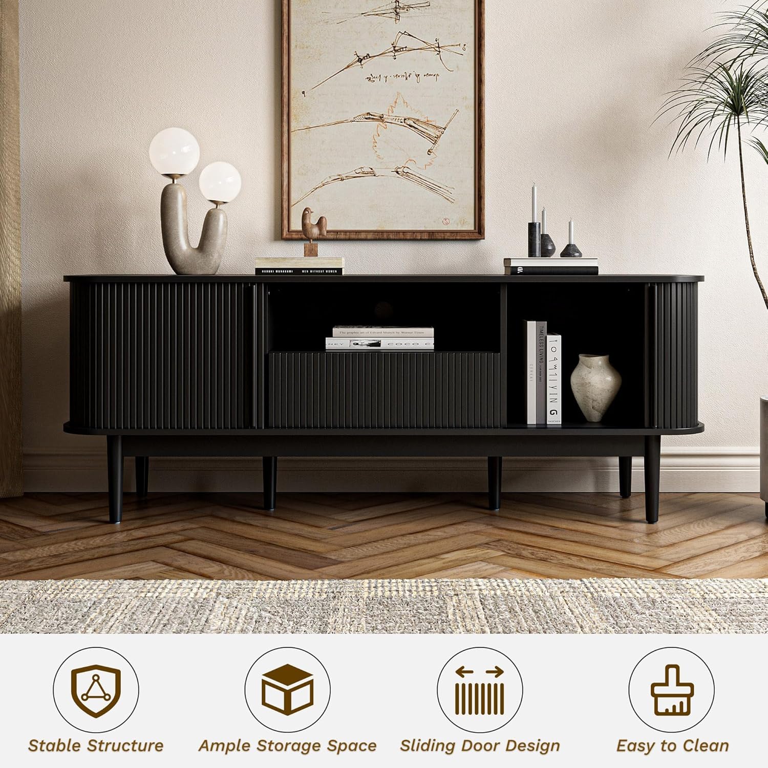 Furniway Modern TV Stand for 45/55/70 inch TV, Entertainment Center with Sliding Doors and Storage, Wood TV Stand for Bedroom, Living Room, Black
