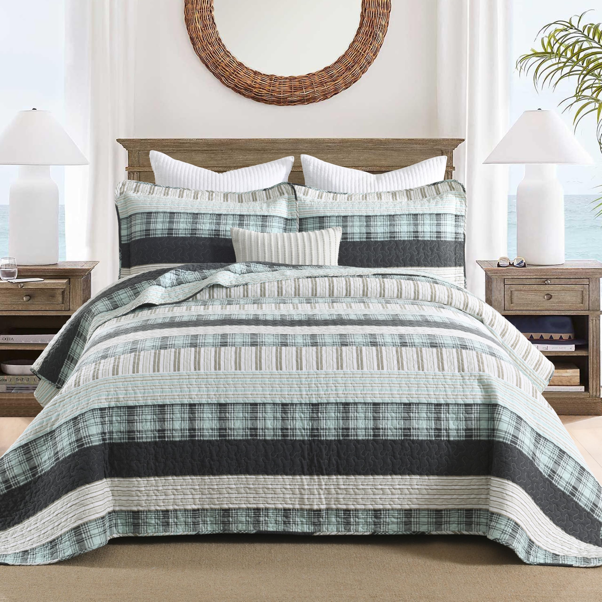 Homzard Queen Comforter Set，Cotton Quilts Queen Size，Teal Black Beige Bedding，Plaid Striped Bedspread，Lightweight Reversible Coverlet All Season 3