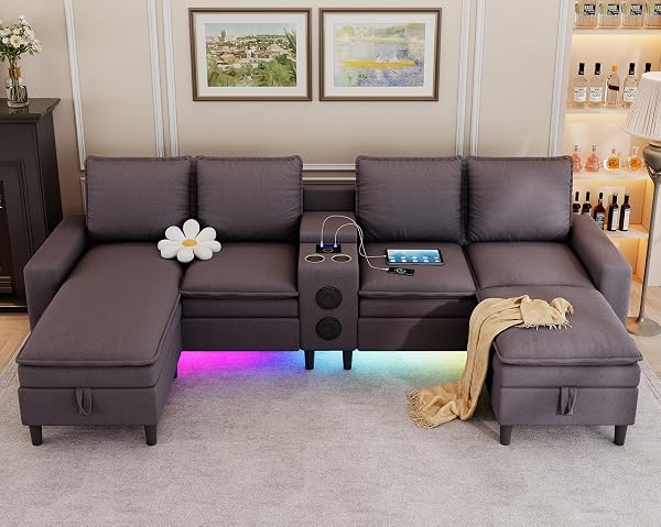 HYZQ Sectional Couches for Living Room, 4 Seat Sectional Sofa with Smart Module-Bluetooth Speaker/RGB Light/Wireless Cha