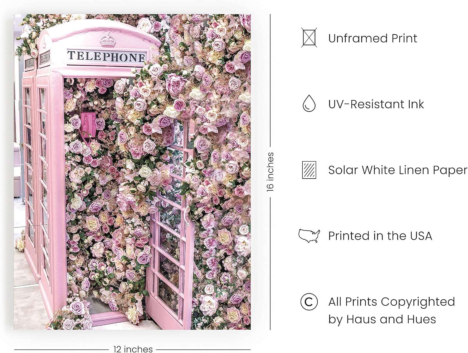 HAUS AND HUES Wall Decor Glamour Floral Phone Booth | Flower Poster Pink Pictures, Paris Poster, Paris Pictures for Wall Fashion Art | Unframed 12”x 16” image 2