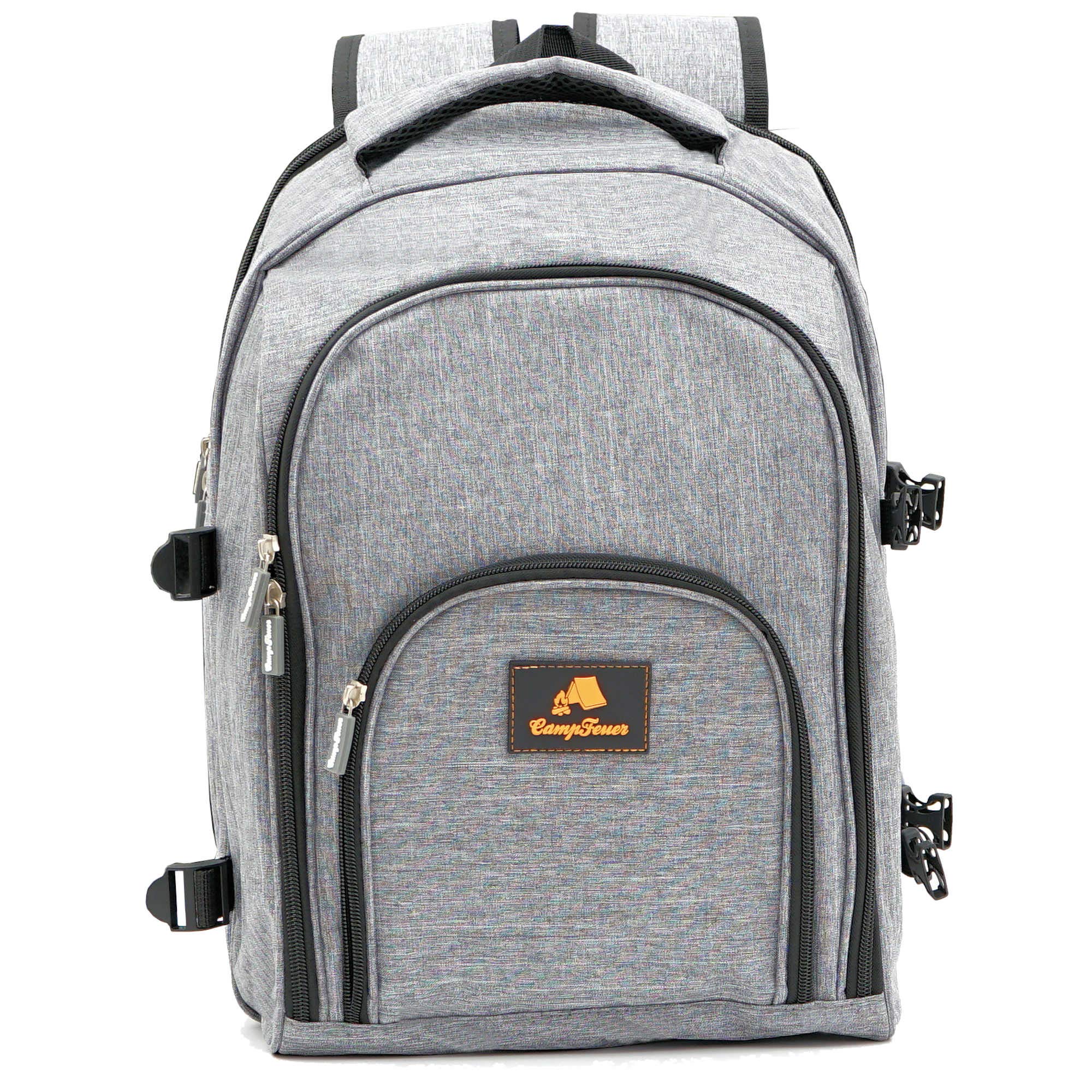 CampFeuer Mochila de Picnic con 32 Piezas para 4 Personas | Color Gris Jaspeado | Incl. Portabotellas, Manta de Picnic, Compartimento Nevera y Utensilios de Camping | Mochila Nevera Isotérmica