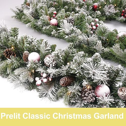 Miniatura 5 de Guirnalda de Navidad flocada de 9 pies con 50 luces, decoración de Navidad con cono de pino, bolas rojas y bayas, temporizador de 50 luces para