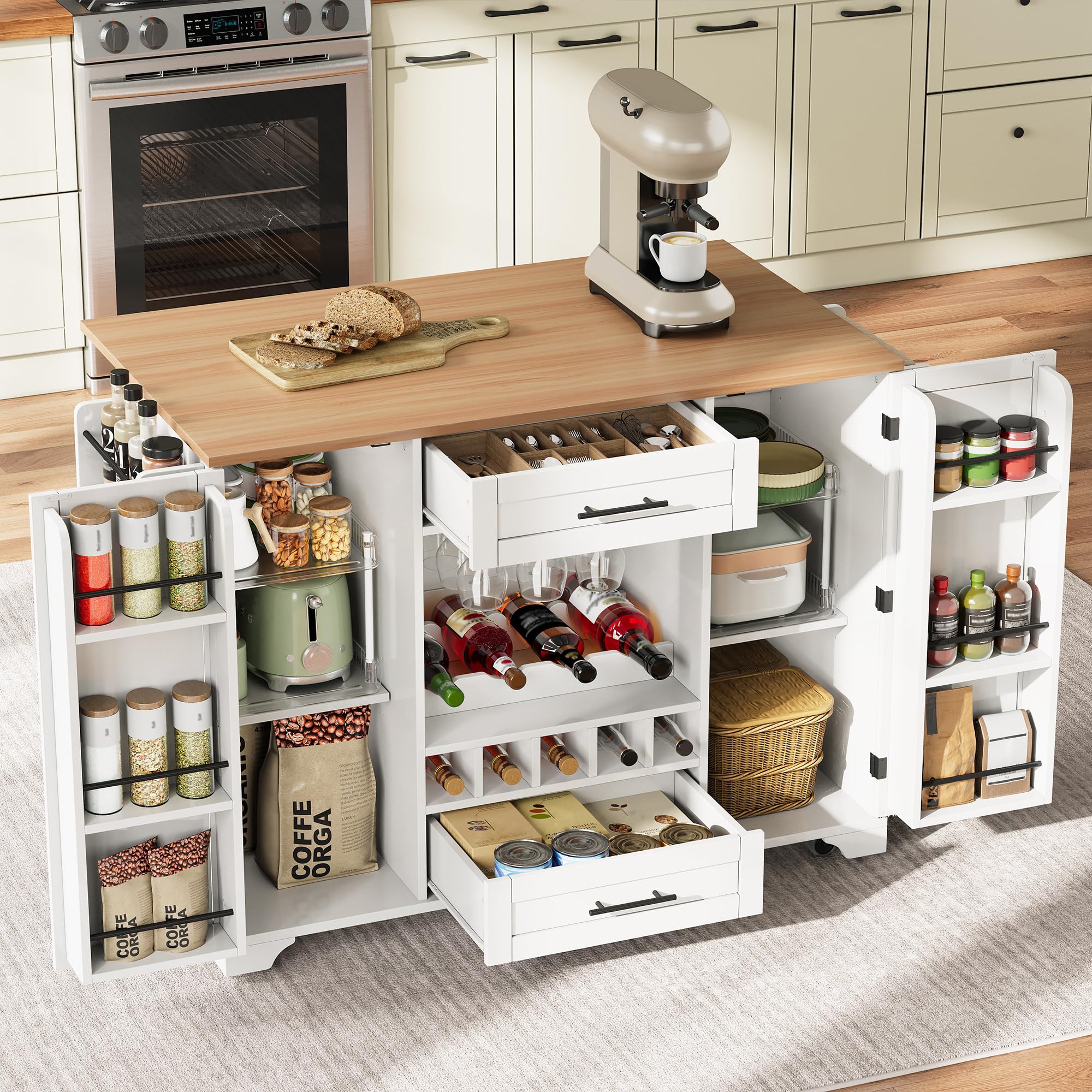 Isla De Cocina Móvil con Ruedas, Carro de Cocina con Mesa de Comedor Extensible, Mueble Auxiliar Cocina con Botellero, Soporte para Vasos, Estante para Especias y Toallero, 120x45x92cm (Blanco)