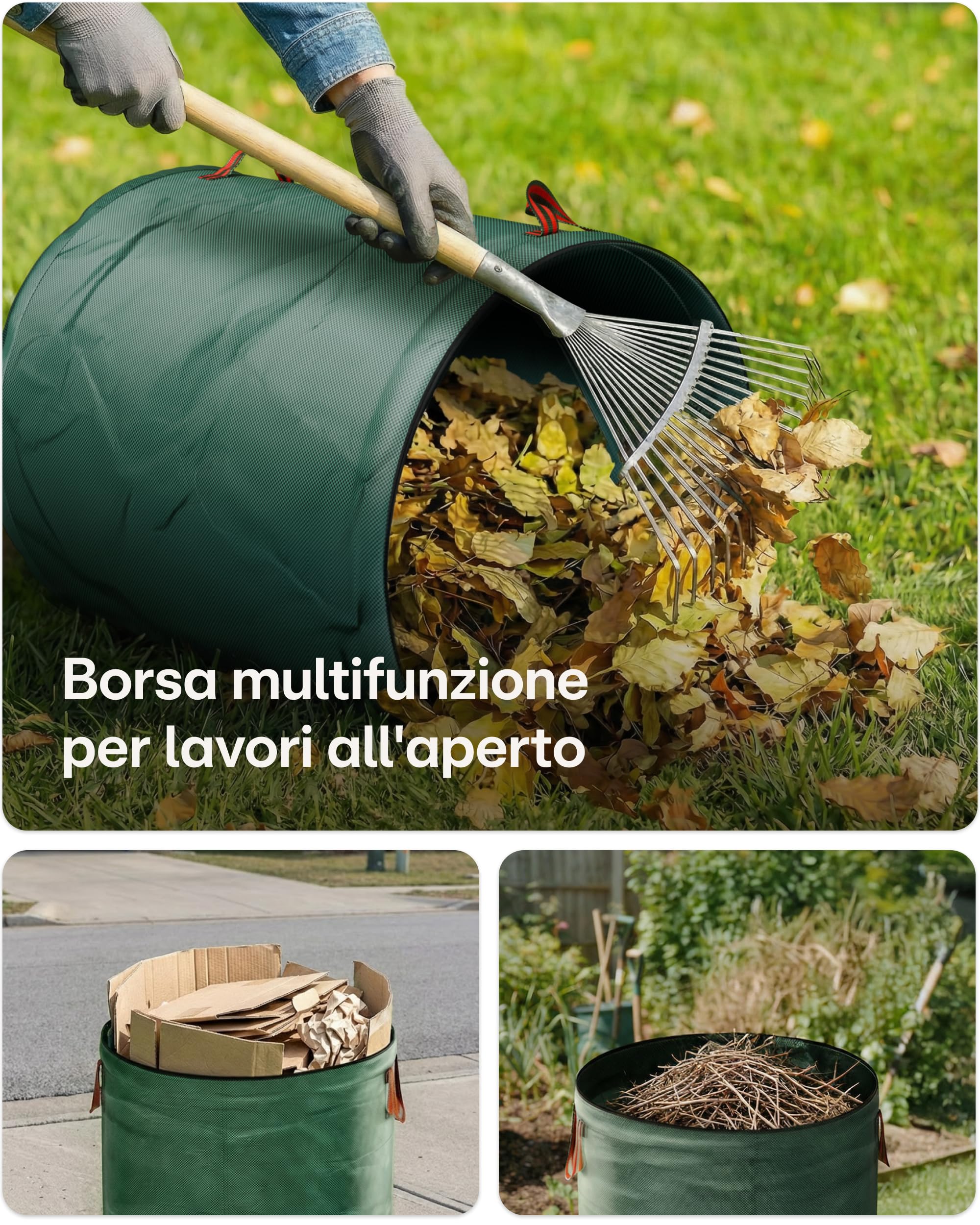 Praknu 2 Sacchi Giardinaggio 500 Litri con Coperchio a Zip - Sacchi Pieghevoli con 4 Maniglie Antistrappo - Sacco Giardino Raccogliere le Foglie - Sacco Erba Tagliata Giardino - Sacchi Giardino