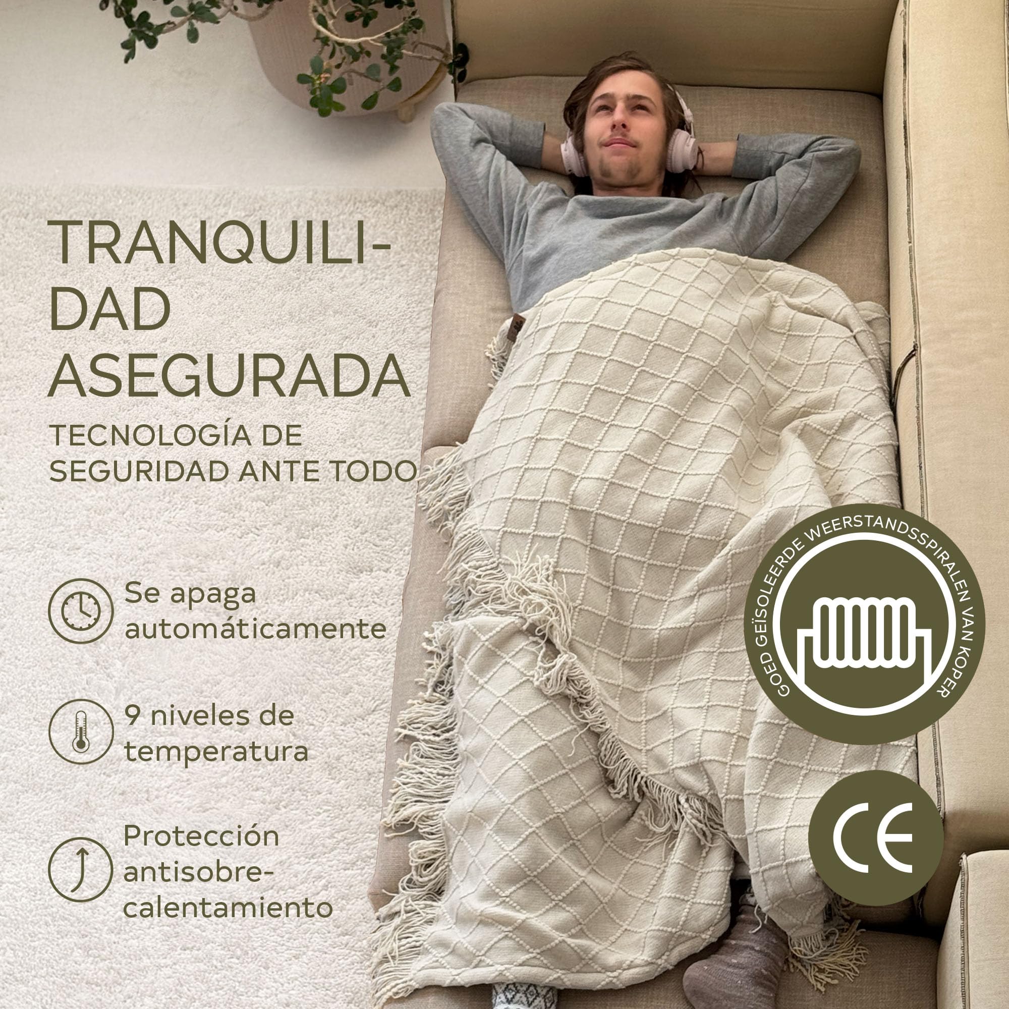 Groenland BOHEM Manta eléctrica 180 x 130 cm – Manta térmica con 9 niveles de calor y función de apagado automático – Cobertor eléctrico grande para cama y sofá – Manta calor eléctrica lavable - blanc