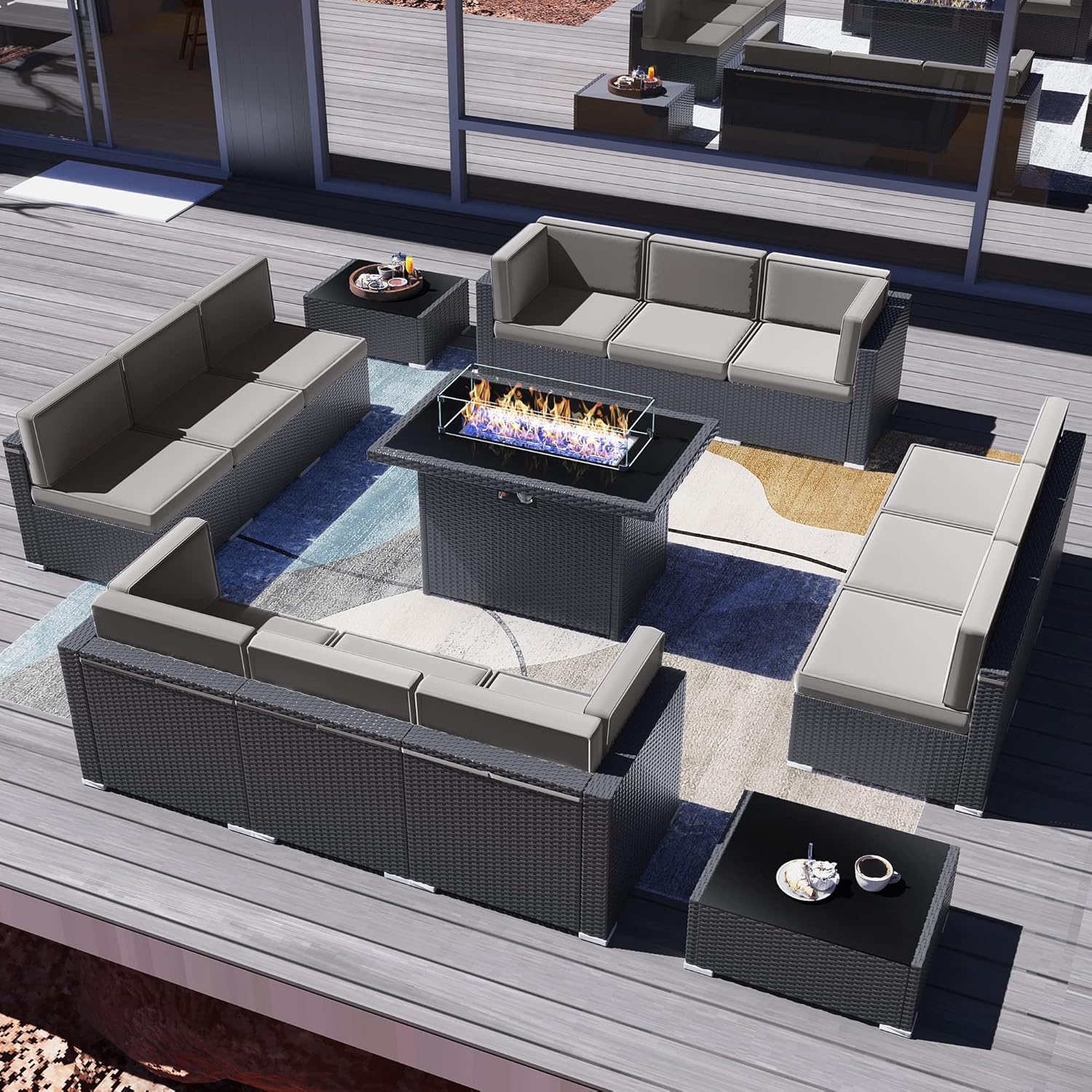 15 Pieces Patio Furniture Set with 44" Propane Gas Fire Pit Table, Outdoor Sectional Wicker Conversation Sofa Sets with Coffee Table