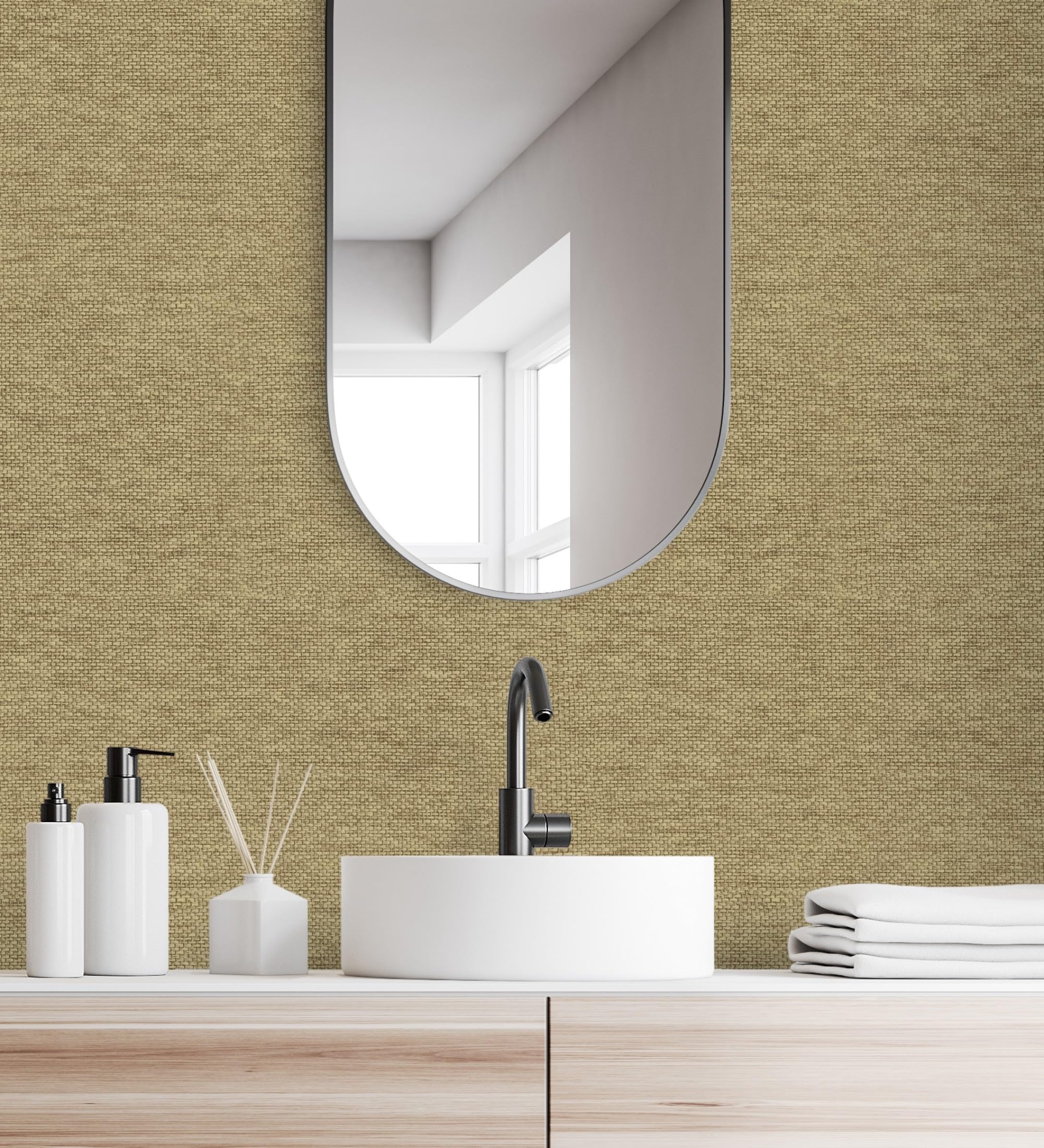 GAULAN 682881 - Papel pintado vinílico efecto fibra vegetal imitación rafia en relieve color oro viejo para pared salón cocina dormitorio pasillo - Rollo de 10 m x 0,53 m