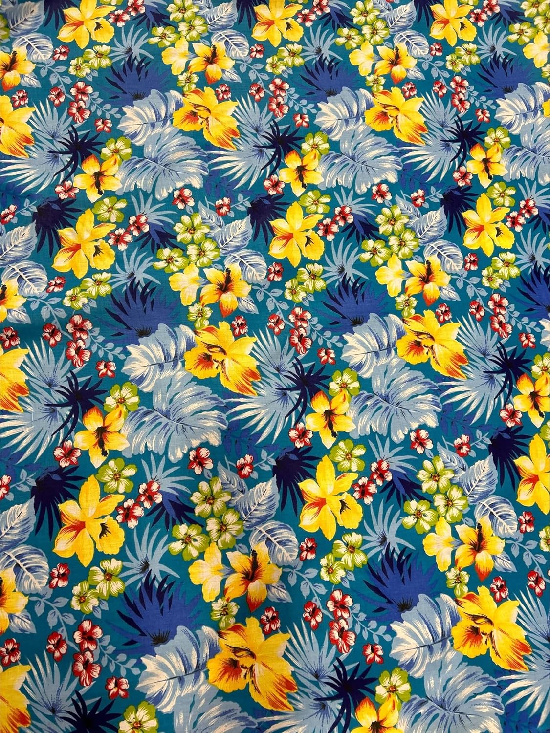 Hawaiian Print Poly Cotton Fabric 65% Cotton & 35% Polyester | 60 Inches Wide Fabric | Perfect for Wedding Decorations, Tablecloth, Runners and Curtain Panels (Blue-5 Yards)
