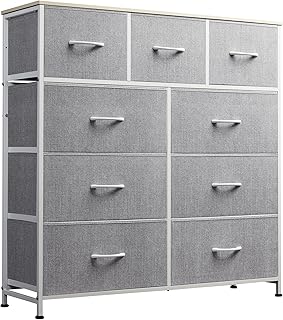 9-Drawer Dresser, Fabric Storage Tower for Bedroom, Hallway, Entryway, Closet, Tall Chest Organizer Unit with Fabric Bins, Steel Frame, Wood Top, Easy Pull Handle, Light Grey - Buy now
