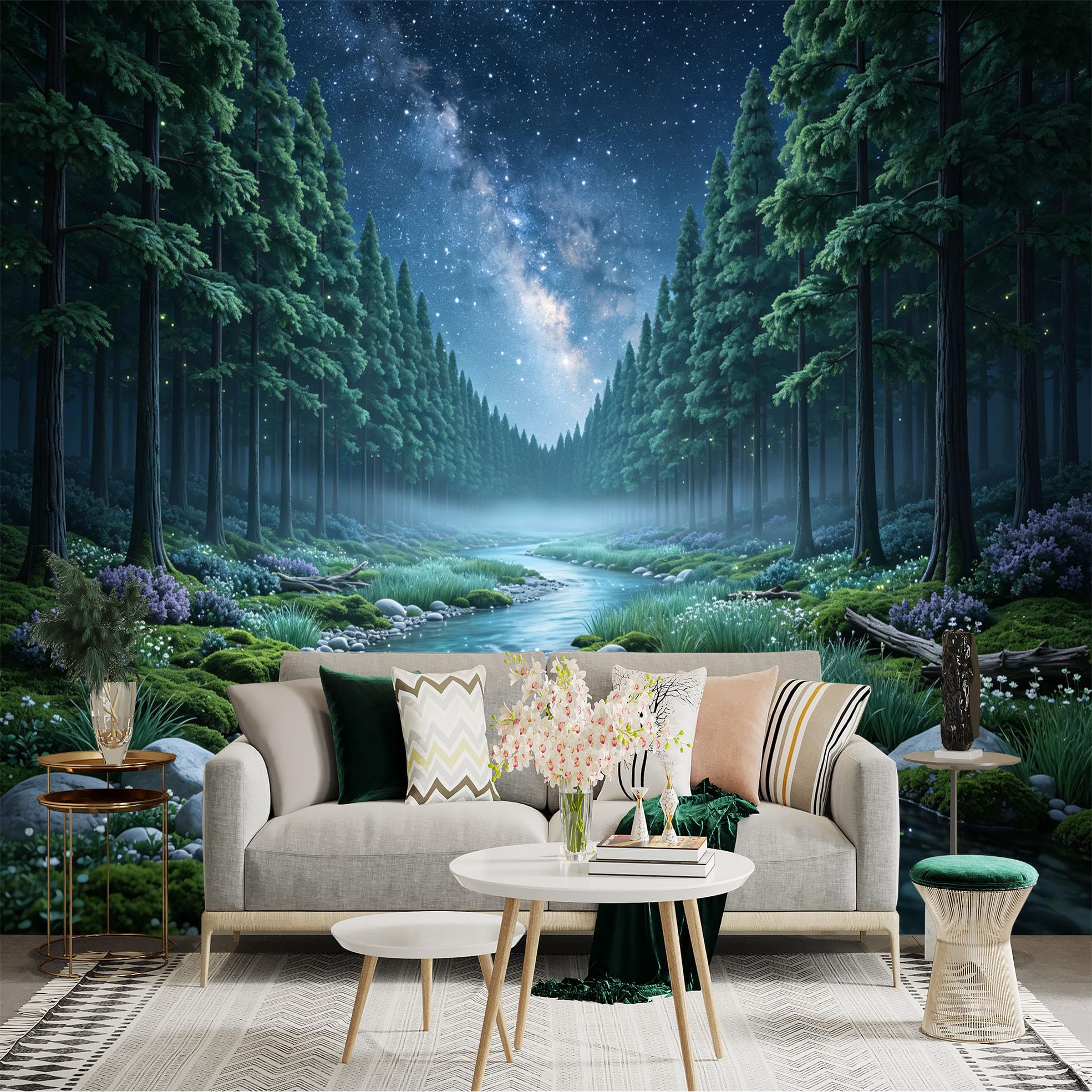 Lnzczhyre Bh260719019 Custom Size Wall Sticker Mural， Enchanted River In Deep Forest， Glowing Nightscape， Milky Way Galaxy， Serene Nature Scene， For Wall Decoration， Peelandstick Wall Decals.