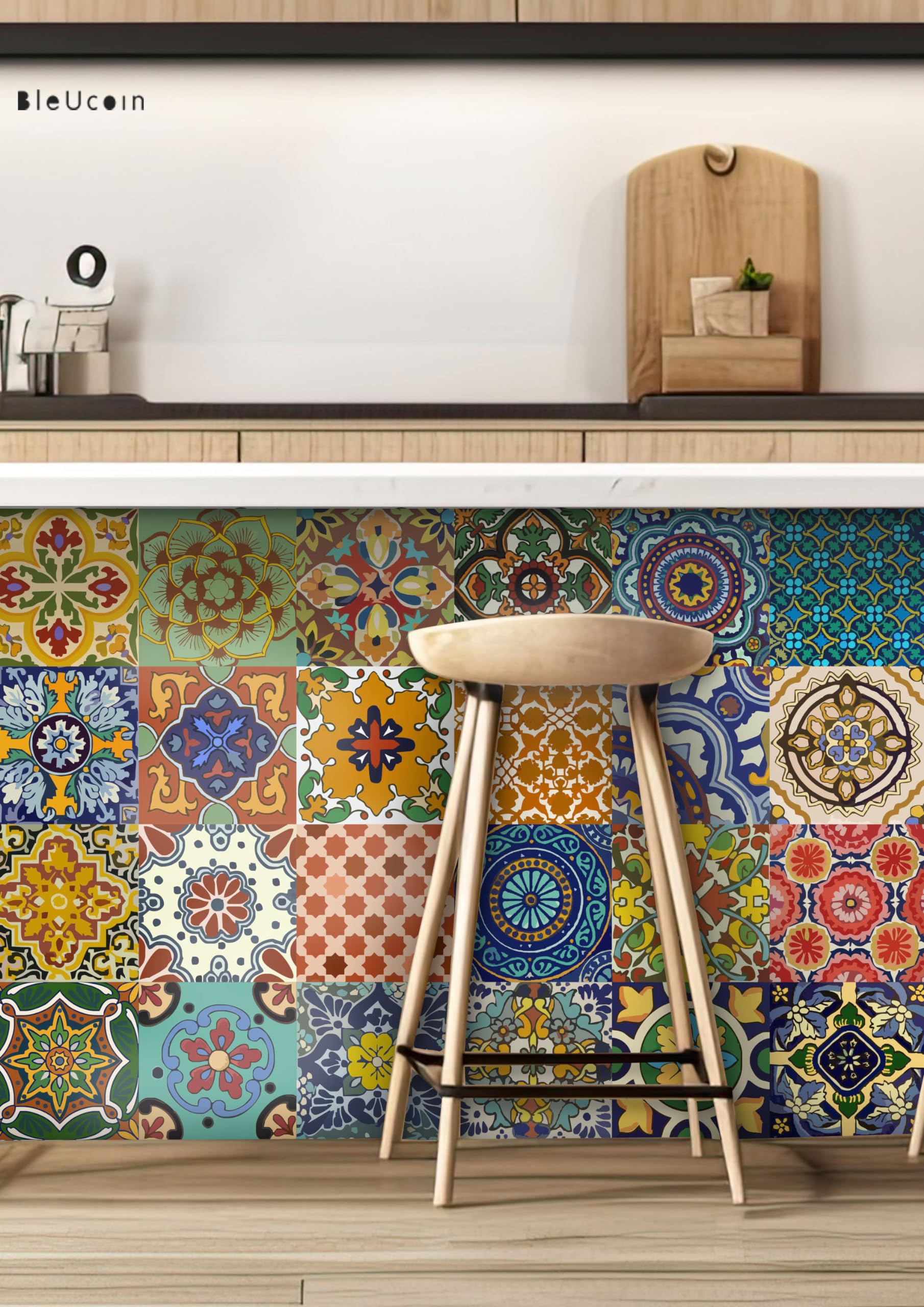 Bleucoin Talavera mexicana azulejo pegatina para cocina y cuarto de baño Backsplash Tile, Escalera Riser Peel & Stick Tile Decal, 22 diseños, paquete de 44 (20cm x 20cm (pack of 44))
