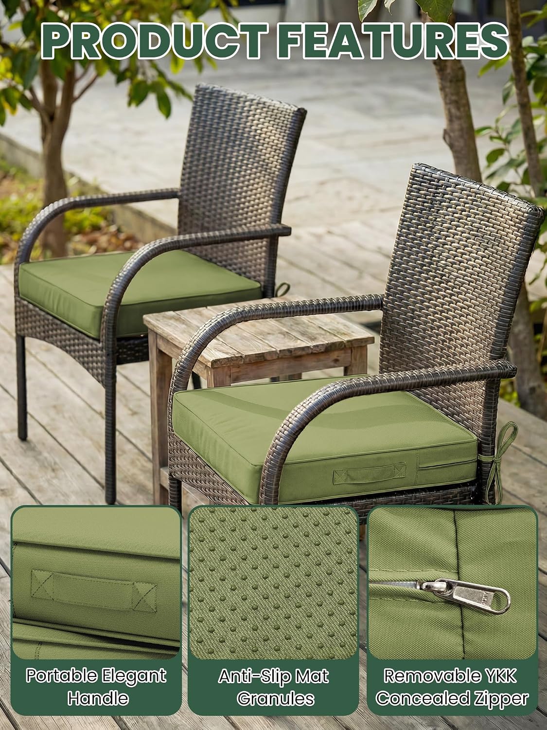 Outdoor Chair Cushion 18.5 x 16 x 4 Inches Patio Furniture Outdoor Waterproof Seat Cushion, Patio Chair Cushion with Handles and Ties, Square Dining Chair Cushion Set of 2, Light Green