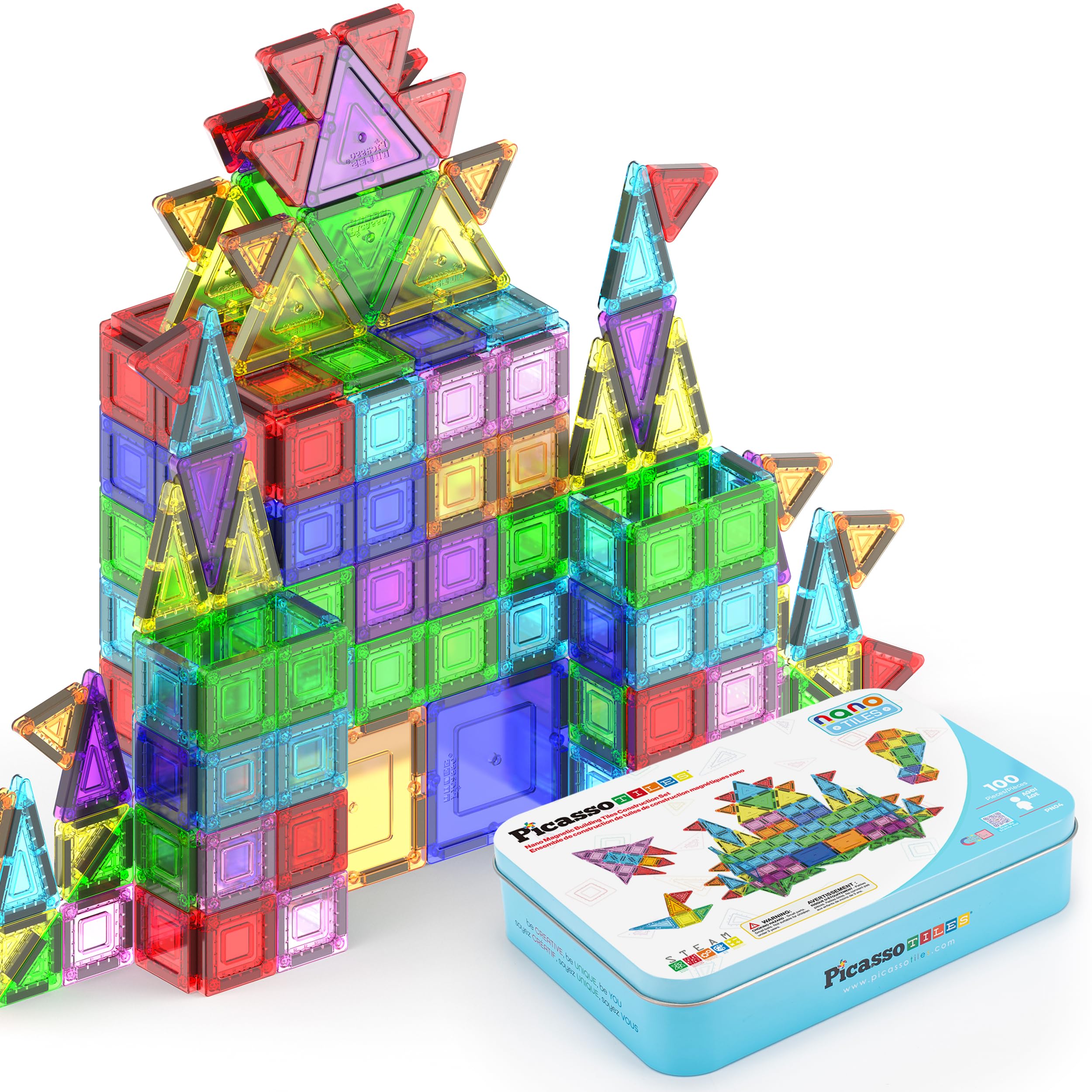 PicassoTiles 100 szt. podróży nano magnetyczne płytki budowlane klocki zabawka z walizką do przechowywania edukacyjny zestaw do nauki STEM zestaw do budowania 3D magnes płytki układanie w stos klocki