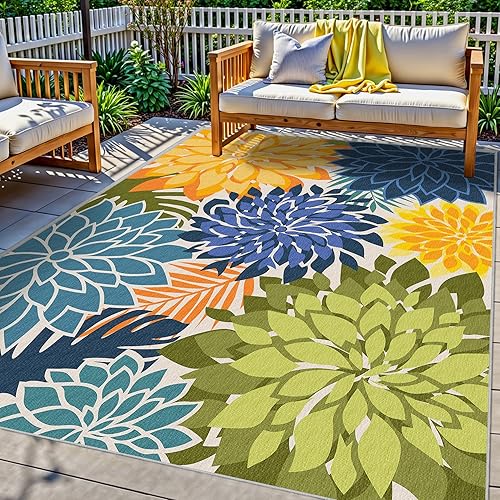 Miniatura 14 de Alfombra de área para exteriores de 5x8 pies, lavable, multicolor, alfombra de patio tropical botánica floral de felpilla impermeable para Azul