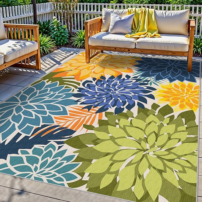 Outdoor Area Rug Washable Multicolored Patio Rug Tropical Botanical Modern Floral Outdoor Carpet Non Slip Yellow Green Rug Non Shedding for Patio, Deck, Backyard, Porch (5x8)