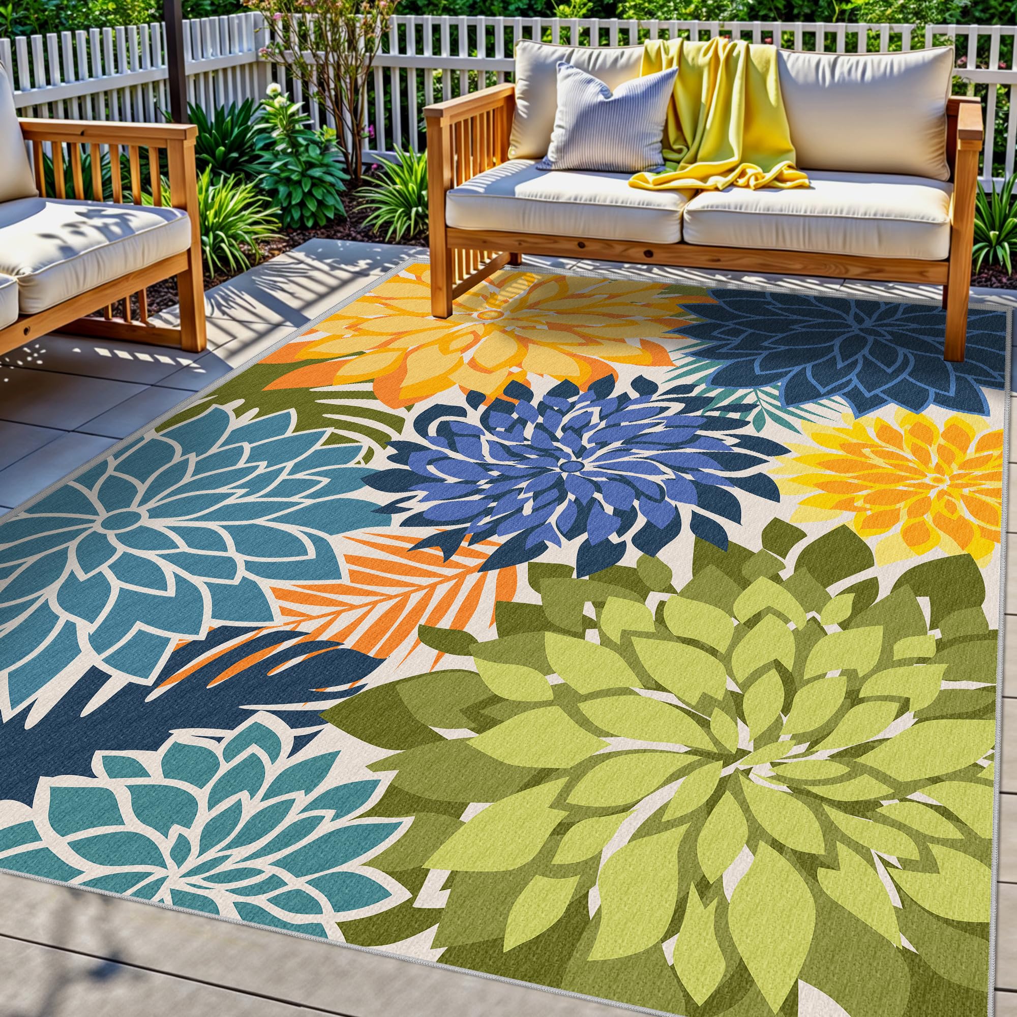 Arenarug Indoor Outdoor Area Rug Washable Multicolored Patio Rug Tropical Botanical Modern Floral Indoor Outdoor Carpet Non Slip Yellow Green Rug Non Shedding for Patio, Deck, Backyard, Porch (8x10)