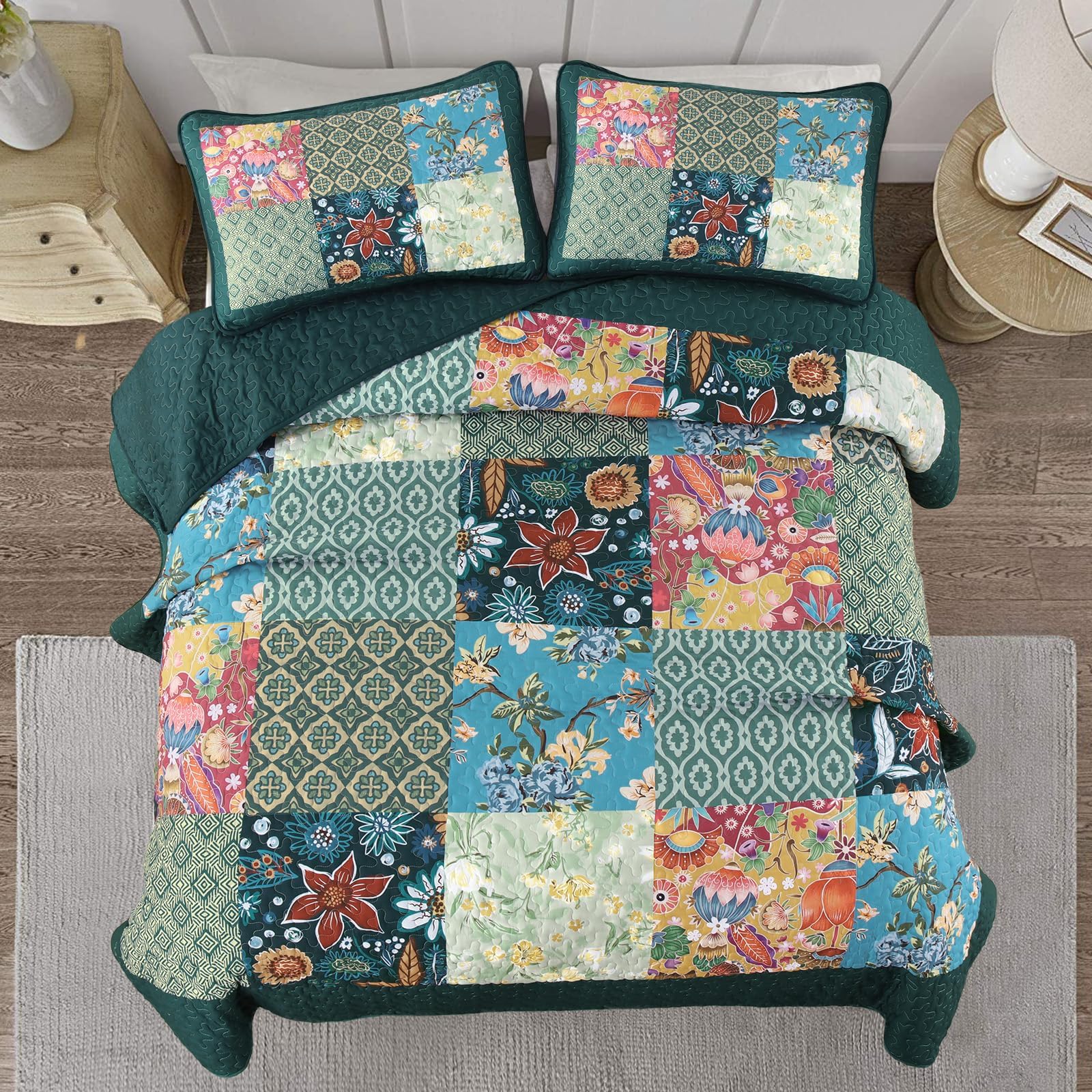 DJY Patchwork-Steppdecken-Set für King-Size-Betten, 3-teilig, grün, kariert, florales Muster, Boho-Türkis, rustikal, leicht, wendbar, für alle Jahreszeiten, 274 x 228 cm