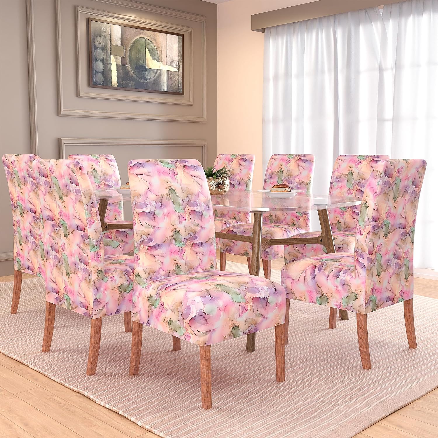 Kuber Industries 8 Pcs Stretchable Dining Table Chair Cover Machine Washable Chair Protector Seat Slipcover for Kitchen & Living Room | Multi Flower Print – Pink Kuber Industries 8 Pcs Stretchable Dining Table Chair Cover Machine Washable Chair Protector Seat Slipcover for Kitchen & Living Room | Multi Flower Print – Pink
