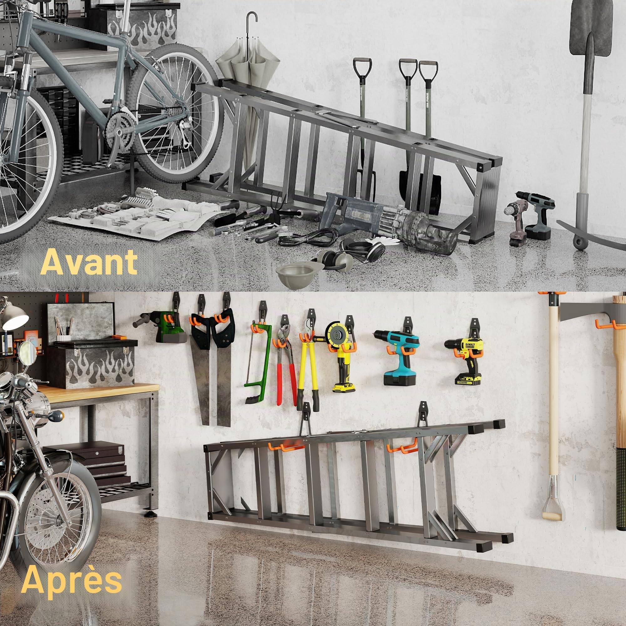 QUELIEN Lot de 16 crochets muraux de garage – Crochets muraux de garage pour porte-tuyaux, câbles et outils, systèmes de rangement peu encombrants pour garage, atelier et maison